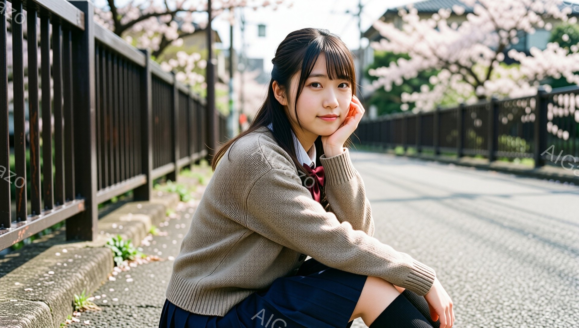 若い女性が道路の縁に膝をついて座っており、顎を片手で支え、カメラの方を見て微笑んでいます。ベージュのセーターと紺色のスカート、赤いネクタイを着用し、髪は肩までの長さで前髪があります。背景には金属製の柵 - AI生成フリー素材