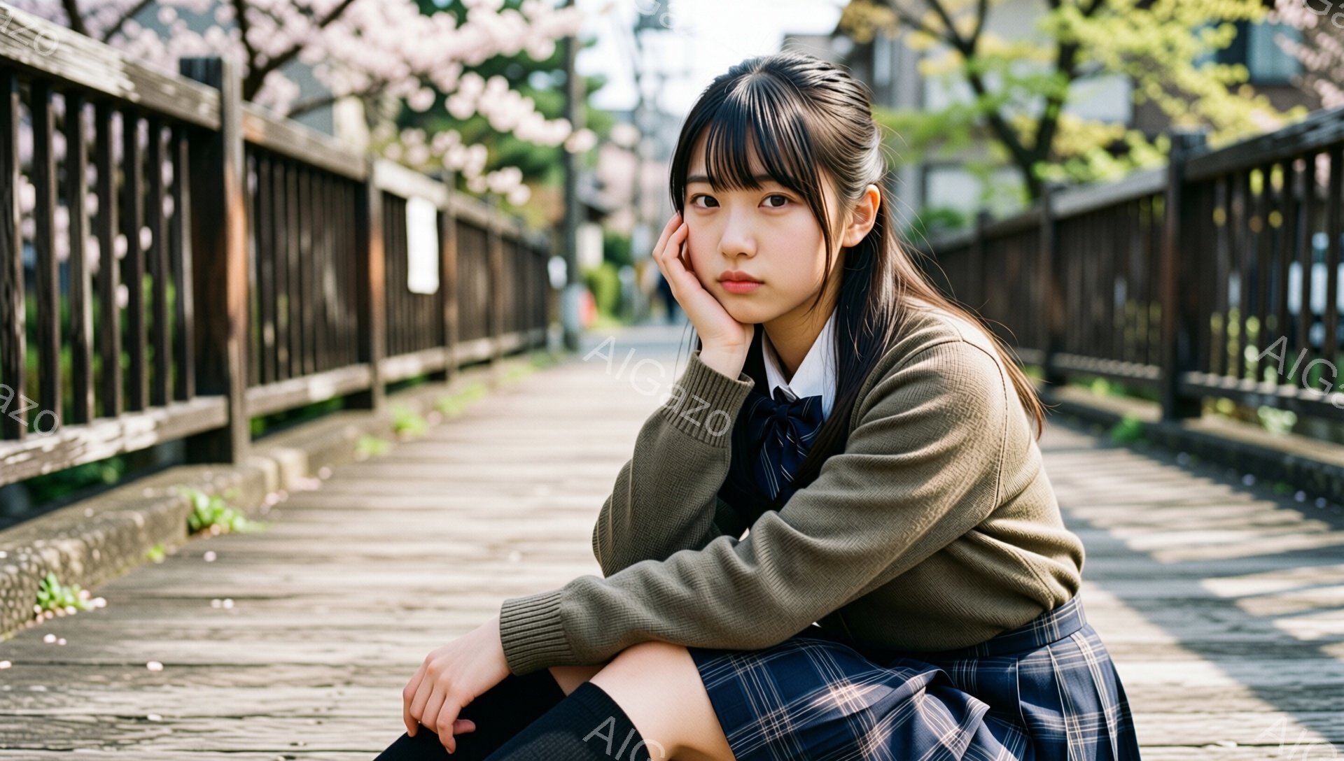制服を着た若い女性が、木製の歩道にひざまずいて座っています。彼女は緑色のカーディガン、チェック柄のスカート、白いシャツ、リボンネクタイを着用しており、表情は少し憂鬱そうです。背景には、桜の木々と木製の柵があり、春の穏やかな日差しが降り注いでいます。