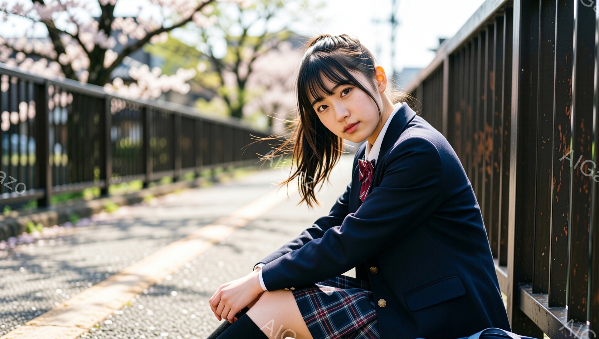 制服を着た若い女性が、黒い柵にもたれて膝を抱えて座っています。彼女はダークブラウンのロングヘアで、前髪は少し横に流れています。背景には桜並木が広がり、ピンクの花びらが地面に散らばっています。