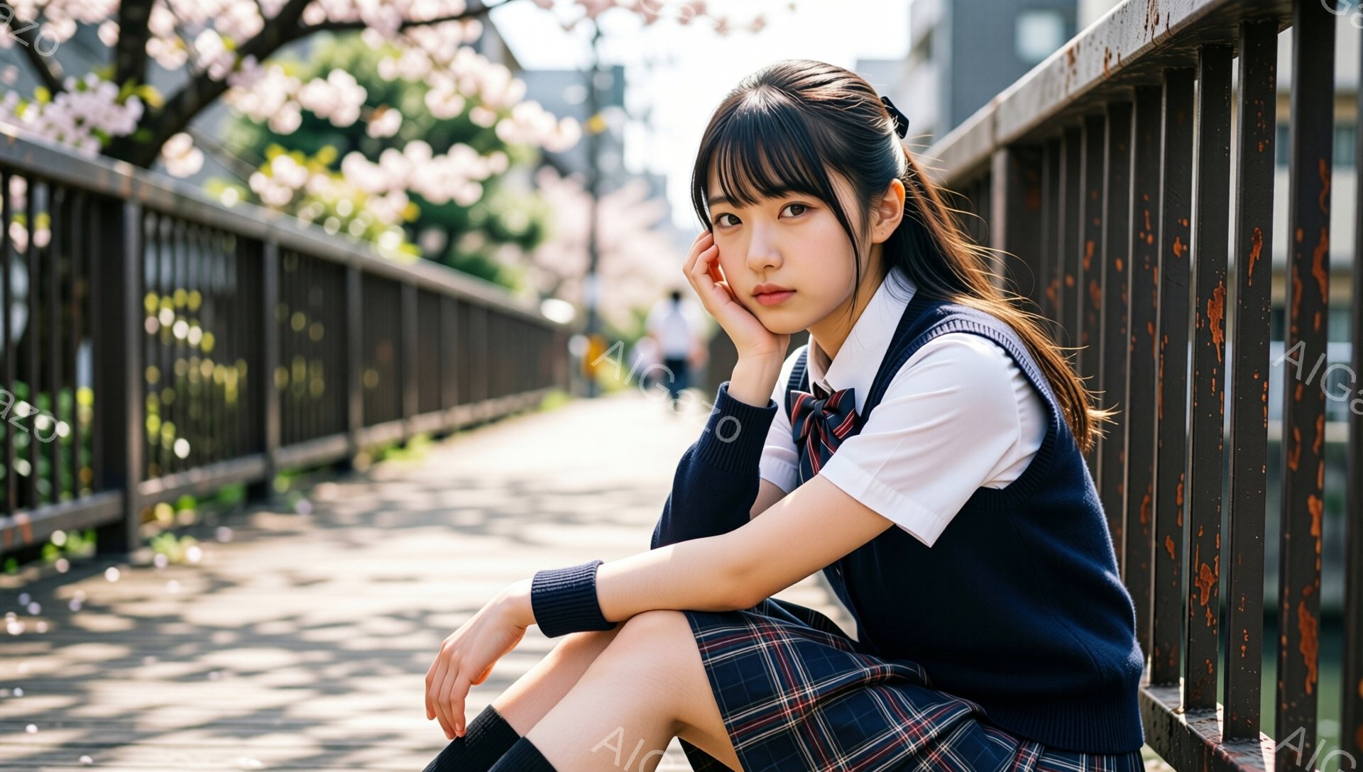 画像には、制服を着た若い女性が描かれています。彼女は膝を抱え、欄干に寄りかかって少し憂いを帯びた表情をしています。背景には、桜の花びらが舞う遊歩道と、ぼやけた建物が見え、春らしい穏やかな雰囲気を醸し出しています。