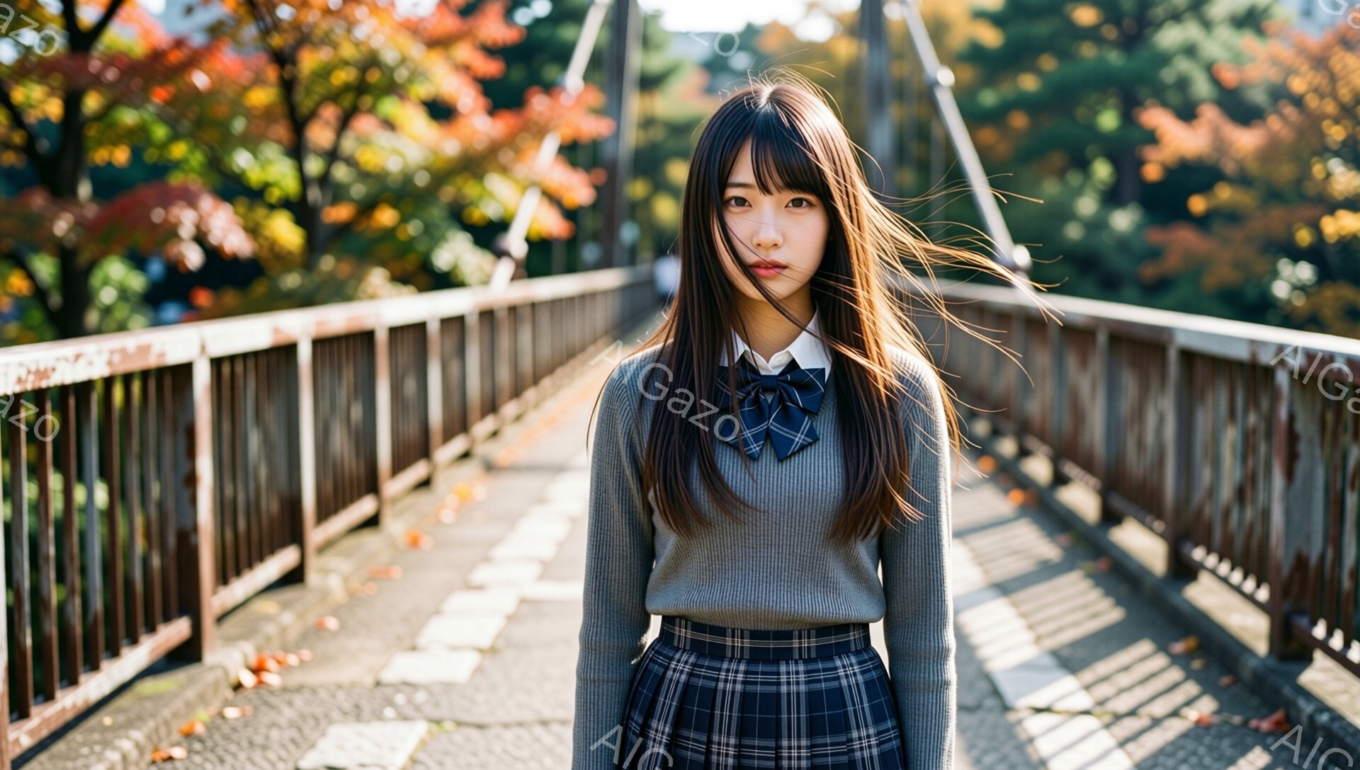 茶色の橋の上に、長いストレートヘアの若い女性が立っている。彼女はグレーのセーター、チェック柄のスカート、紺色のリボンタイを着ており、少し憂いのある表情で正面を見つめている。背景には紅葉した木々と、ぼや - AI生成フリー素材