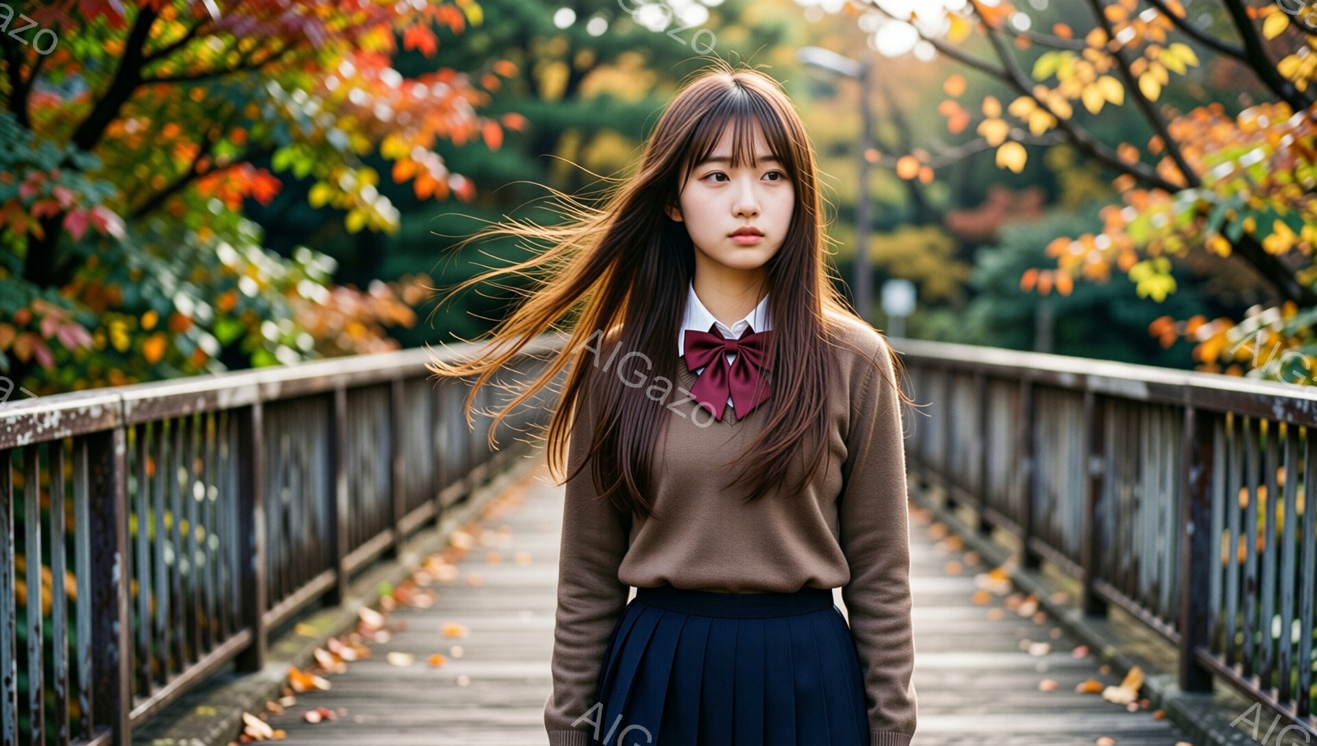 長い茶色の髪をセンターパートにした若い女性が、木製の橋の上をまっすぐ歩いてくる様子が写っている。彼女はベージュのセーターに濃い青色のプリーツスカート、そして赤いリボンを締めており、制服のような服装をしている。背景には紅葉した木々が広がり、暖かい光が差し込み、秋の穏やかな雰囲気を醸し出している。