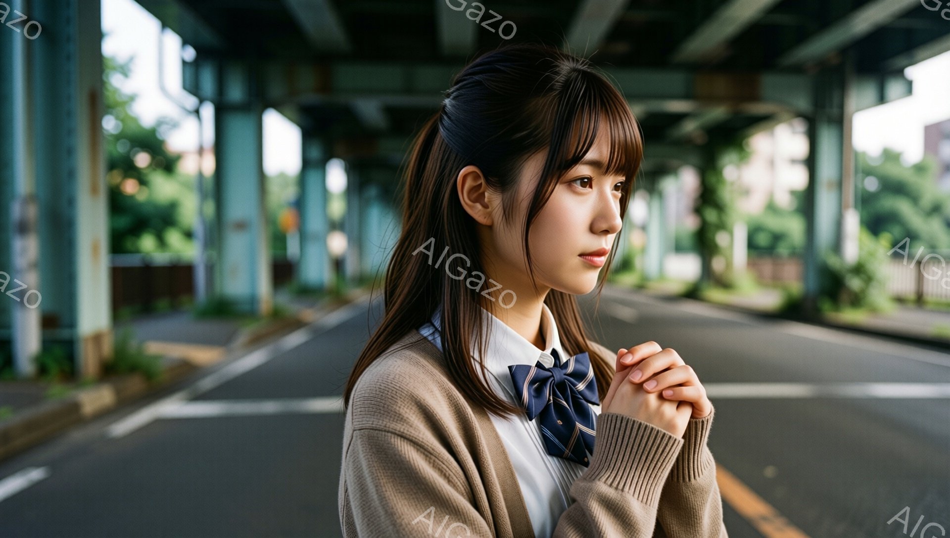 若い女性が、ベージュのカーディガンと白いシャツ、そして紺色のネクタイという制服を着ています。彼女は少し憂いを帯びた表情で、何かを考えるように遠くを見つめており、両手を胸の前で握りしめています。背景は、コンクリートの橋脚が並ぶ道路で、生い茂った草木と曇り空が、少し寂しげな雰囲気を醸し出しています。
