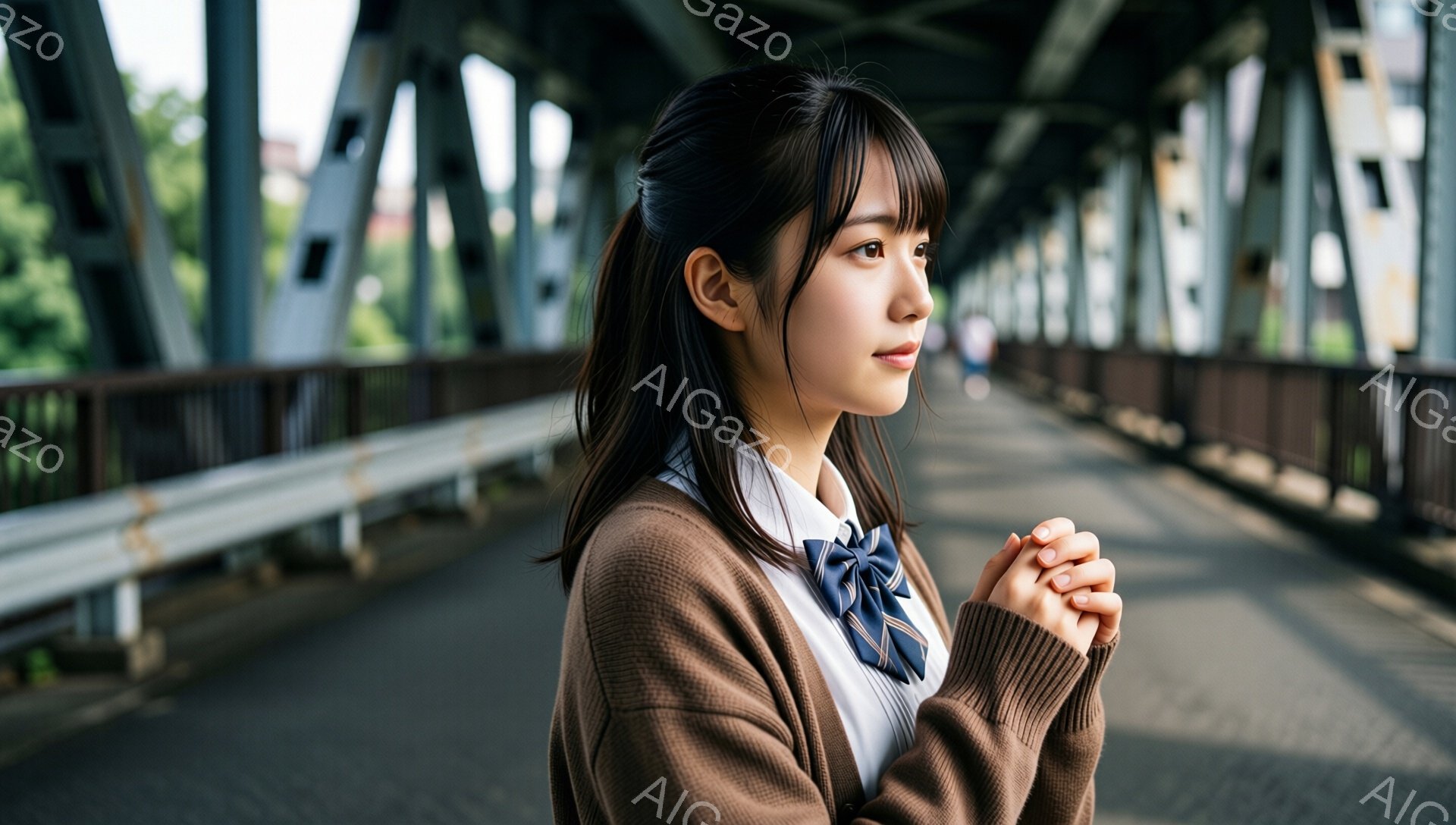 茶色のカーディガンに白いシャツ、紺色のネクタイを着用した若い女性が、橋の上で何かを祈るように両手を合わせています。彼女は長い黒髪を後ろで一つにまとめ、少し憂いのある表情で遠くを見つめています。背景には、緑豊かな木々と金属製の橋の構造が見え、少し曇り空の下で静かで内省的な雰囲気を醸し出しています。