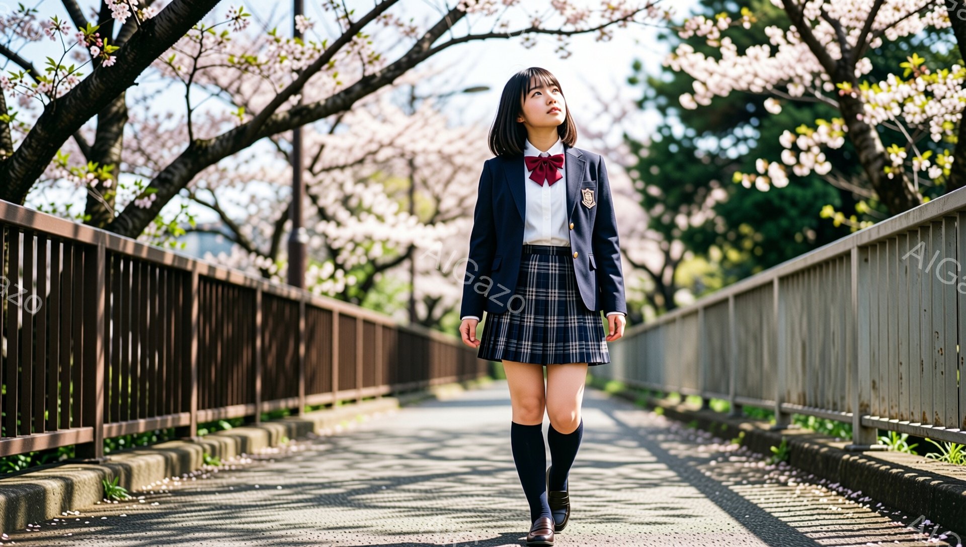 制服を着た少女が、桜並木の遊歩道を歩いている。彼女はチェック柄のスカートと、赤いリボンが特徴的なブレザーを着ており、黒のローファーを履いている。空を見上げ、少し微笑んでいる表情からは、春の暖かさと希望に満ちた雰囲気が感じられる。