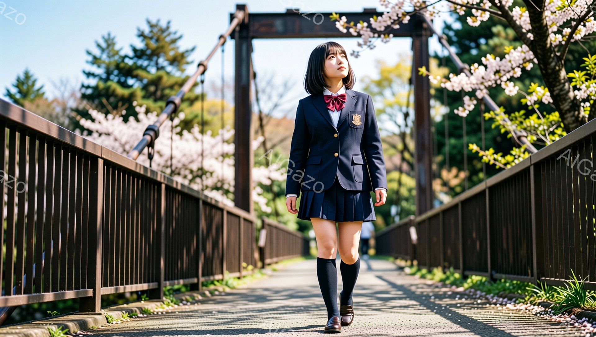 画像には、制服を着た女子高生が橋の上を歩いている様子が写っています。彼女は濃い青色のブレザーに、プリーツスカート、黒いニーハイソックス、革靴を履き、赤いリボンを首に巻いています。背景には桜並木が咲き誇り、晴天の下、春の暖かさを感じさせる穏やかな雰囲気です。