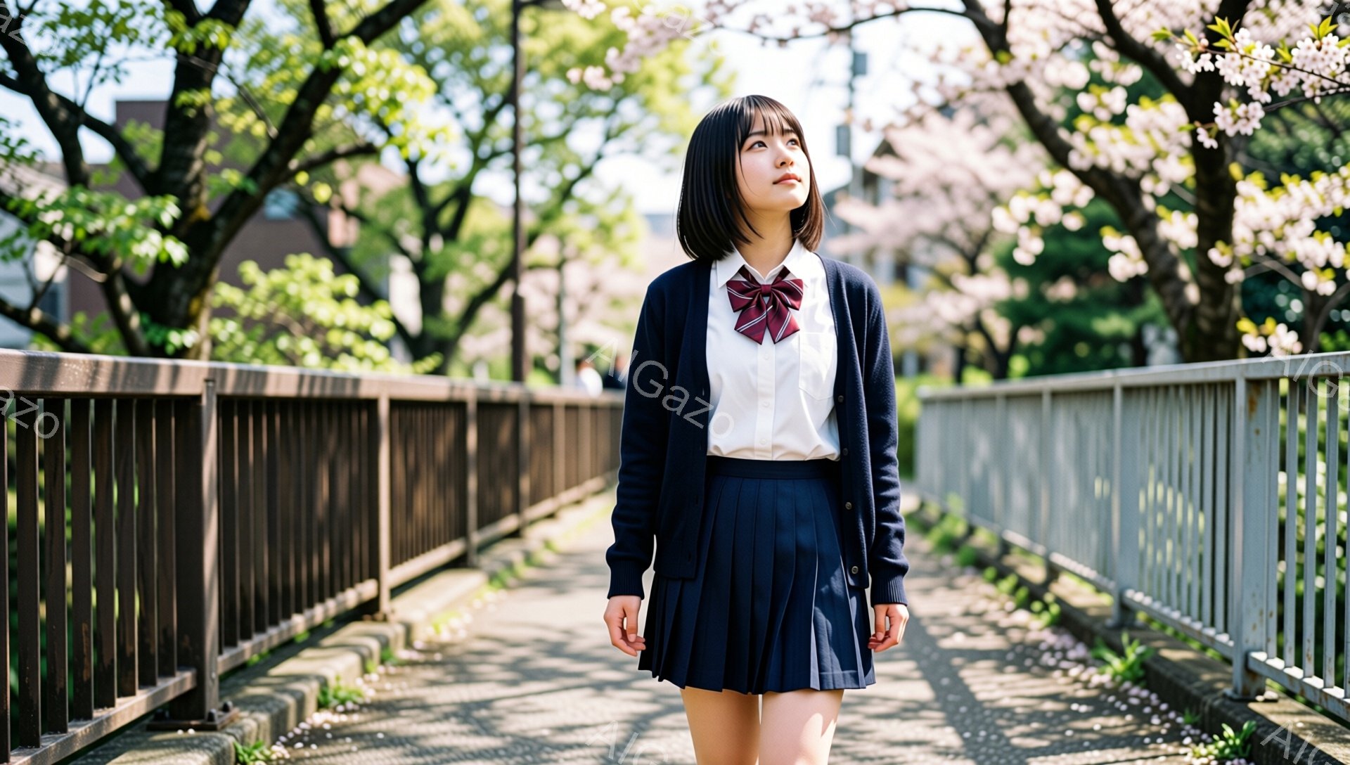 制服を着た女子高生が、桜並木の続く遊歩道を歩いている。紺色のカーディガン、白いシャツ、チェック柄のリボン、プリーツスカートを身につけ、黒髪のショートボブで、少し上を見ている表情はどこか希望に満ちている。遊歩道には散り桜が舞い、春の暖かな日差しが降り注ぎ、明るく穏やかな雰囲気が漂っている。