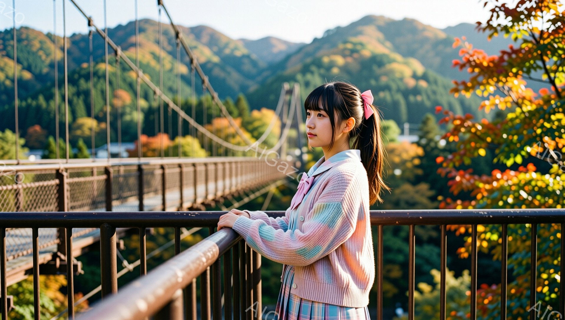 明るいピンクと紫色のグラデーションのカーディガンを着た若い女性が、鉄製の柵に寄りかかっています。彼女はダークブラウンのロングヘアをポニーテールにし、赤いリボンをつけています。背景には緑豊かな山々と、秋 - AI生成フリー素材