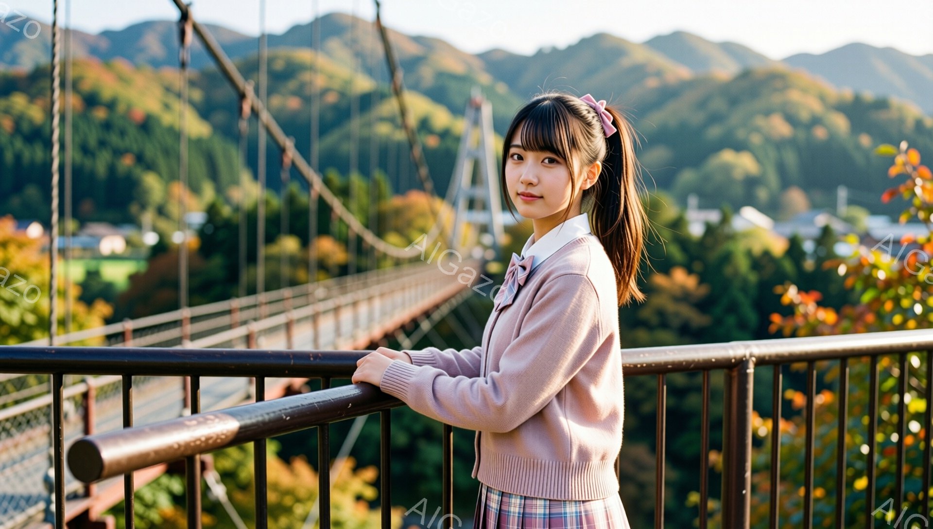 若い女性が吊り橋の欄干にもたれて立っている。彼女はピンクのセーターとチェック柄のスカート、そしてリボンをつけており、髪は高い位置でポニーテールにまとめられている。背景には緑豊かな山々と建物が見え、秋の穏やかな日差しが彼女を照らしている。