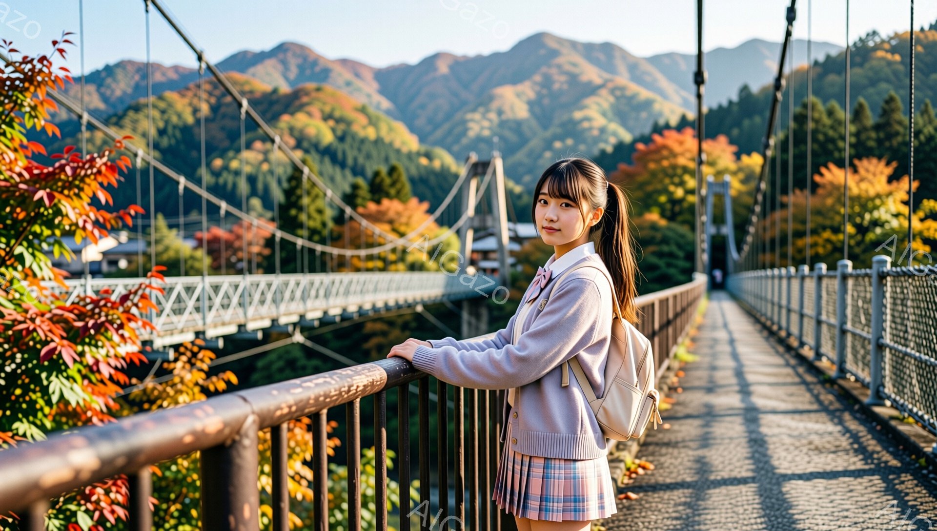 少女は、橋の手すりに寄りかかり、微笑んでいます。彼女は、水色のセーターとチェック柄のスカート、そしてリュックサックを身につけており、髪はポニーテールに結ばれています。背景には、秋の紅葉に染まった山々が - AI生成フリー素材