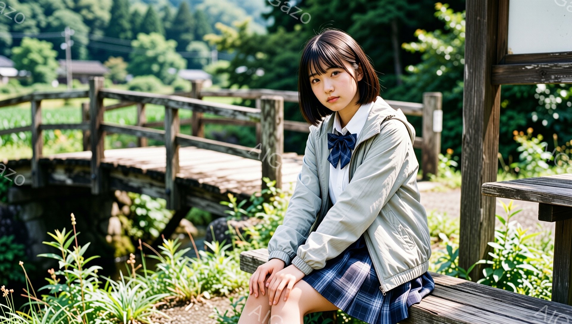 ショートカットの少女が、木製の柵に腰掛けて座っている。制服のような青いチェックのスカートに白いブラウス、そして薄い灰色のジャケットを羽織っている。背景には木製の橋と緑豊かな自然が広がり、穏やかで少し寂しげな雰囲気を醸し出している。
