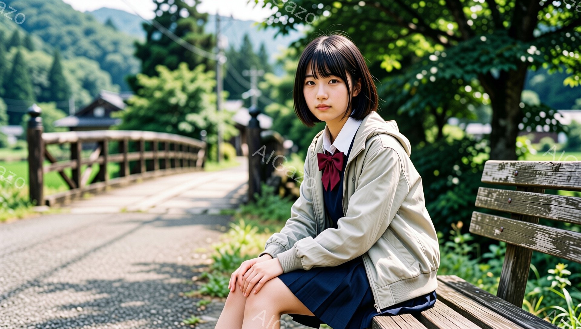 短い黒髪の女性が、木製のベンチに座ってこちらを見ています。紺色のスカートと白いシャツ、そしてベージュ色のジャケットを着ており、首には赤いリボンを結んでいます。背景には木製の橋と緑豊かな自然が広がり、晴 - AI生成フリー素材