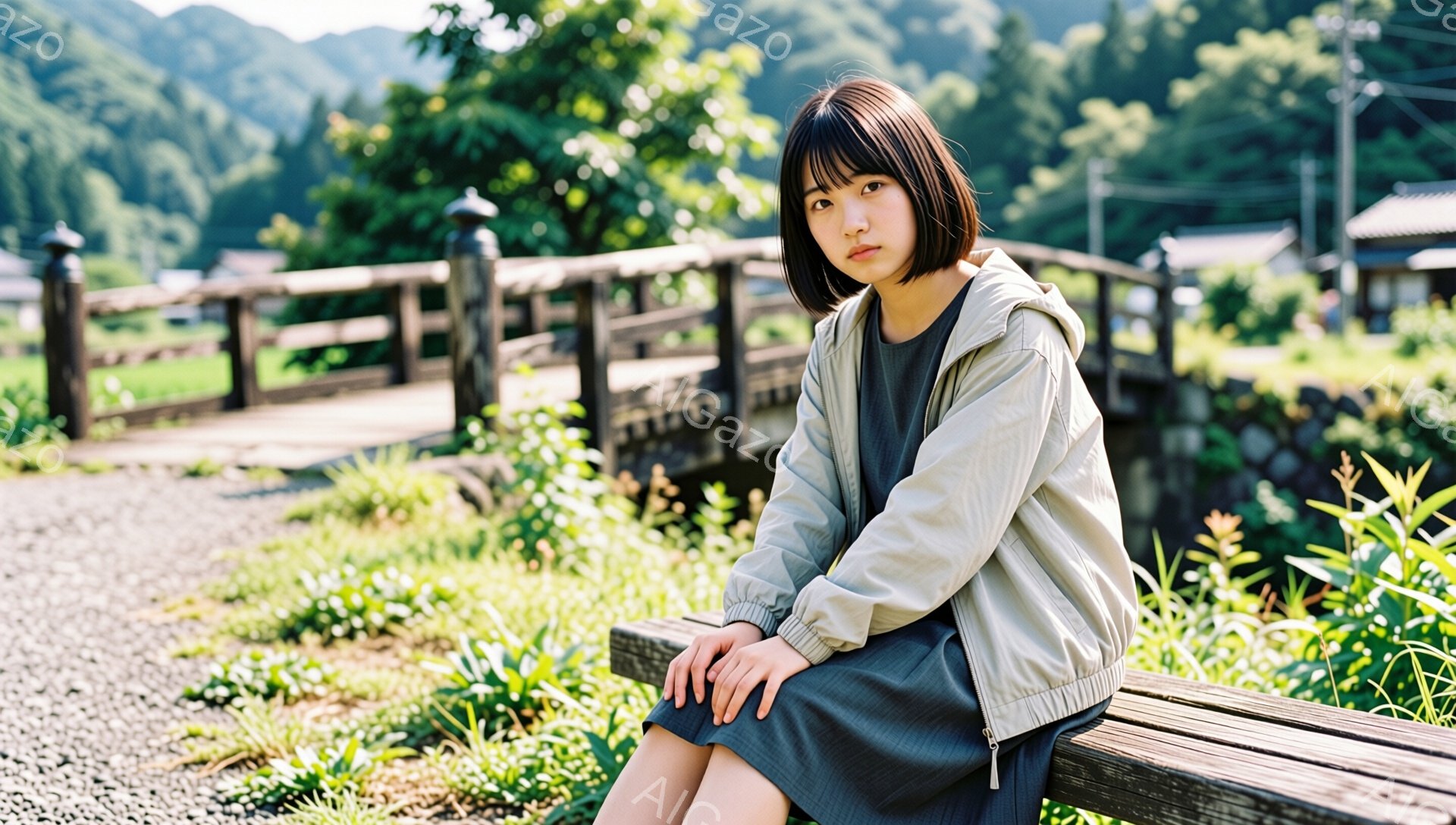 短い黒髪の女性が、木製の柵に腰掛けて正面を見つめている。ベージュ色のパーカーと紺色のスカートを着用しており、表情はやや憂いを帯びている。背景には緑豊かな自然と、日本の伝統的な家屋がぼんやりと見え、穏や - AI生成フリー素材