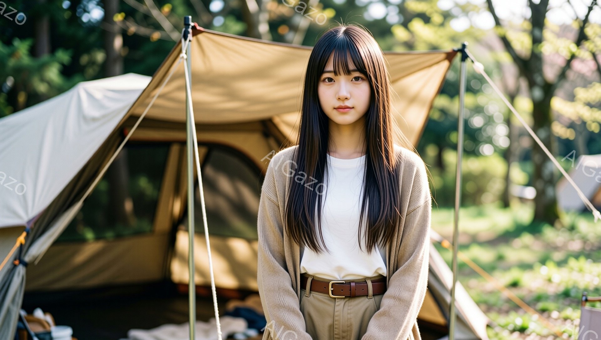 長い黒髪をストレートに伸ばした女性が、ベージュのカーディガンと白いTシャツ、そしてカーキ色のパンツを着用し、キャンプ場の前に立っている。彼女は落ち着いた表情で正面を見つめており、リラックスした姿勢で両腕を下に下げている。背景にはベージュ色のテントや緑豊かな自然が見え、穏やかな日差しが差し込み、キャンプの温かい雰囲気を醸し出している。