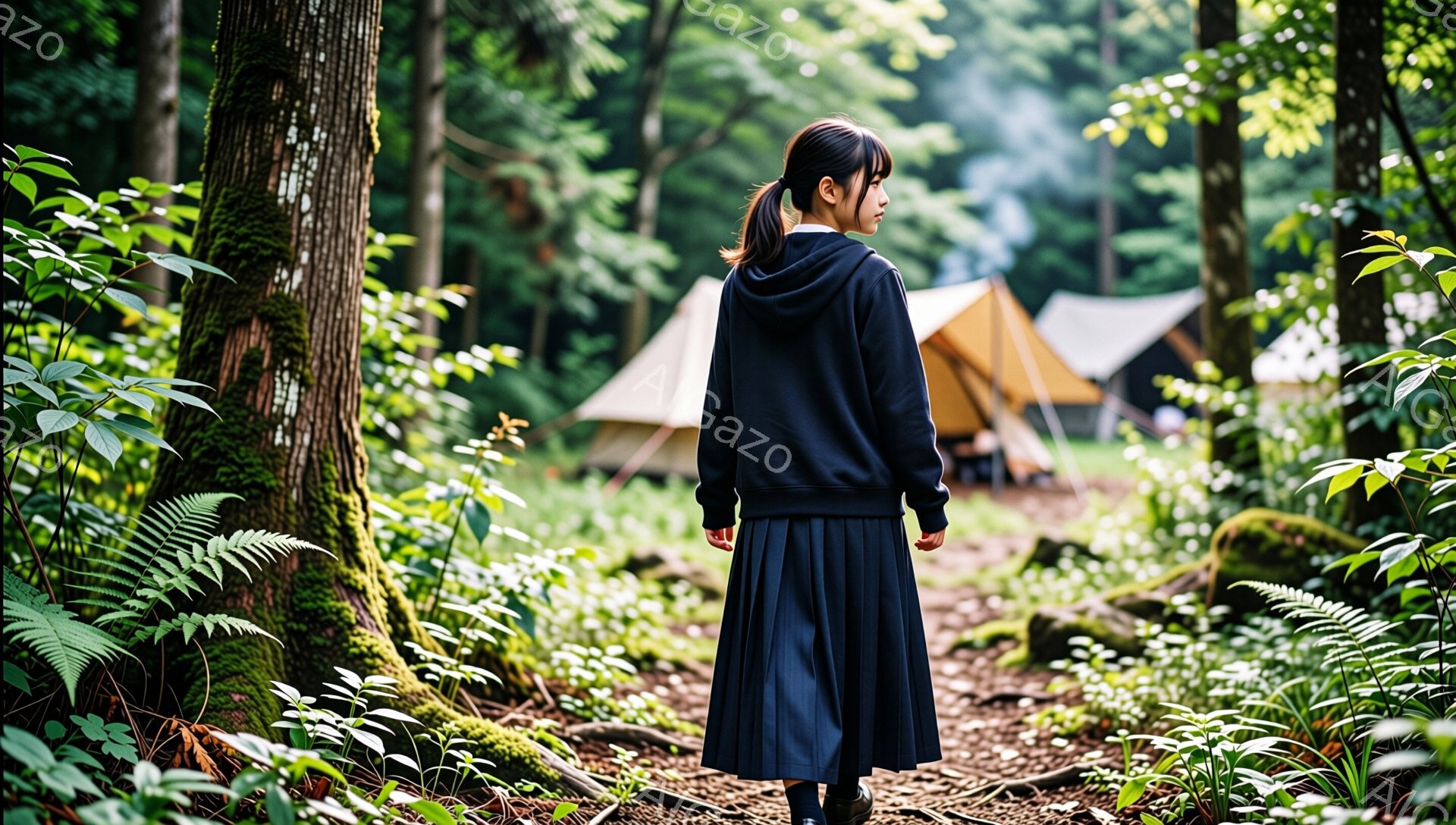 緑豊かな森の中を、セーラー服姿の少女が歩いている。黒いセーラー服とスカートを身につけ、髪は後ろで一つに結んでいる。背景にはテントがいくつか見え、キャンプ場のような場所であることがわかる。