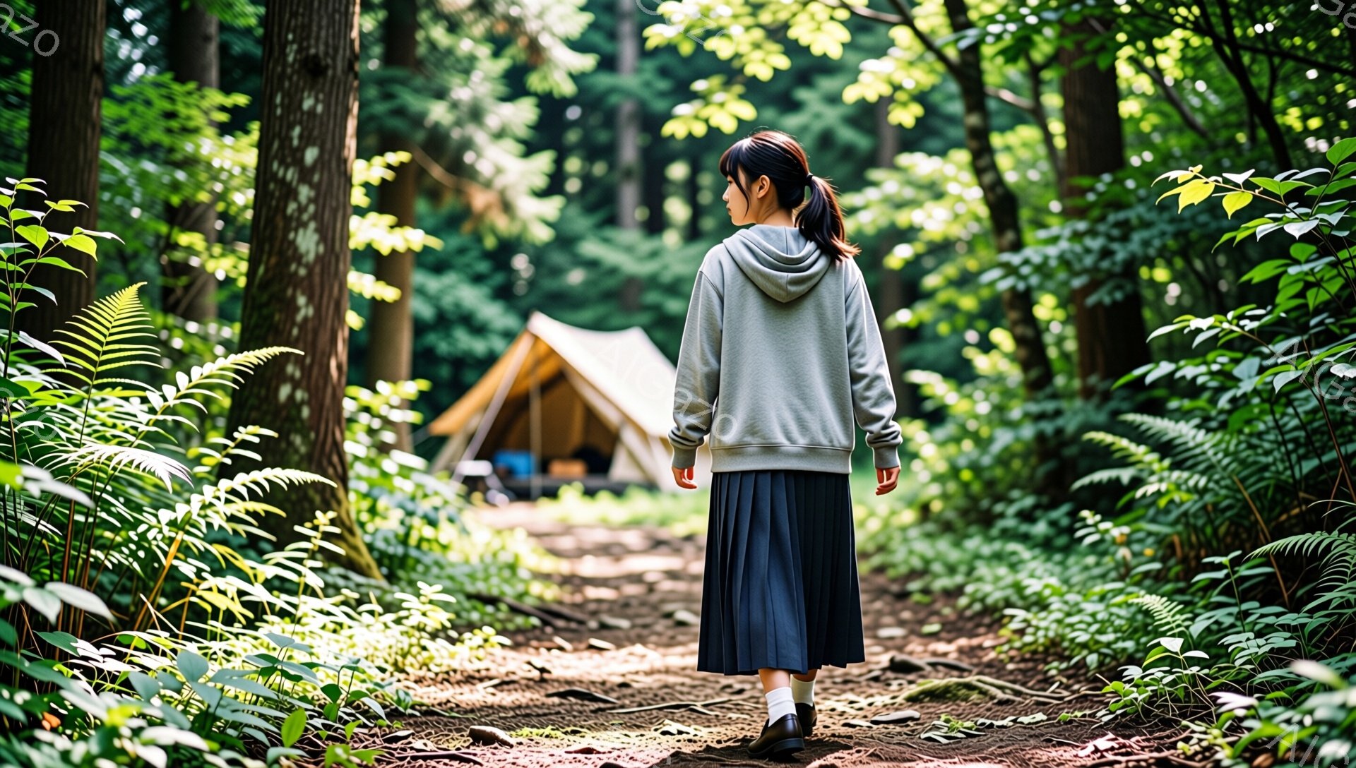 女性は灰色のパーカーと紺色のスカートを身につけ、後ろ姿を見せて森の中を歩いている。彼女は髪をポニーテールに結び、リラックスした様子で自然の中を楽しんでいるようだ。背景にはテントが見え、緑豊かな木々やシダ植物に囲まれた静かで穏やかな雰囲気の森の中である。