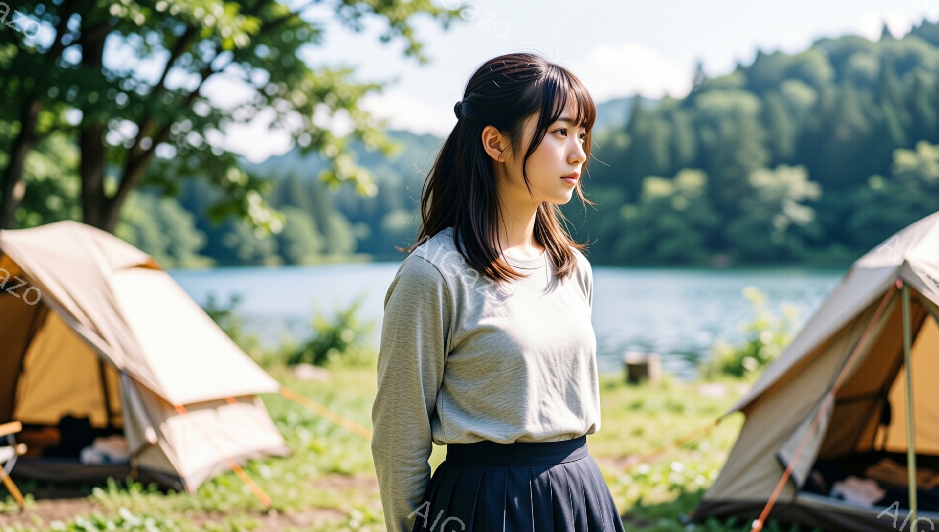 長い黒髪を肩のあたりで切り揃えた女性が、グレーの長袖シャツと紺色のスカートを着て立っている。彼女はわずかに顔を左に向け、遠くを見つめるように穏やかな表情をしている。背景には湖と緑豊かな山々が広がり、手 - AI生成フリー素材