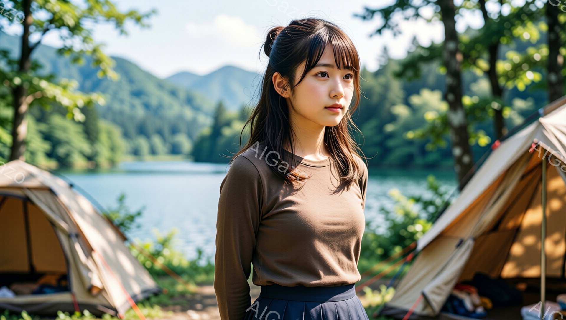 長い黒髪の女性が、ベージュ色の長袖シャツと濃い緑色のスカートを着ています。彼女は少し眉をひそめ、遠くを見つめており、物憂げな表情をしています。背景には湖と緑豊かな山々が見え、キャンプ用のテントがいくつか設置されており、静かで落ち着いた雰囲気が漂っています。
