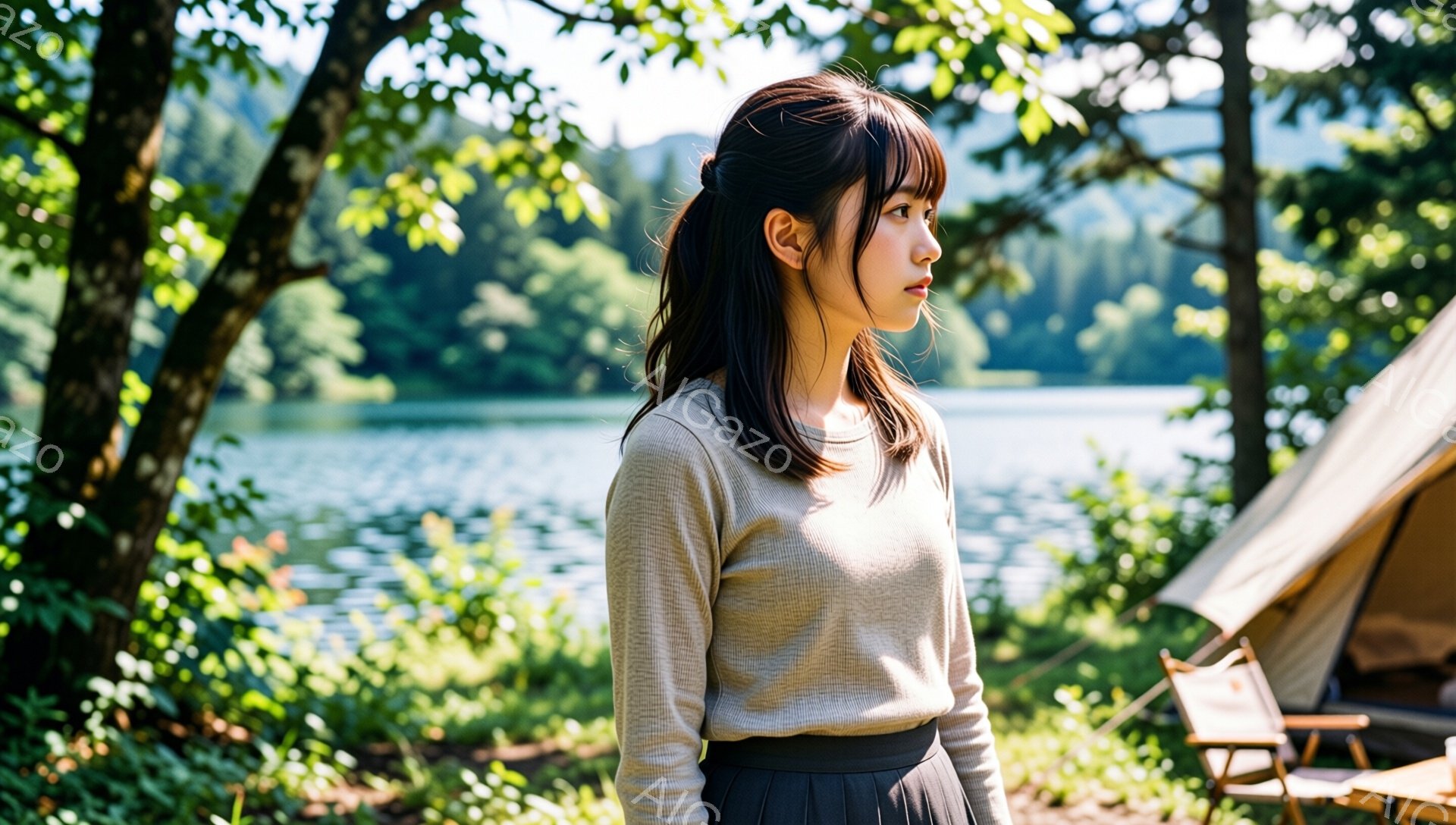 長い黒髪を耳にかける女性が、湖を見つめるように横を向いている。ベージュ色の長袖シャツと濃い色のスカートを身につけ、リラックスした姿勢で立っている。背景には緑豊かな森林と、キャンプ用のテントが見え、晴れた日の穏やかな雰囲気が漂っている。