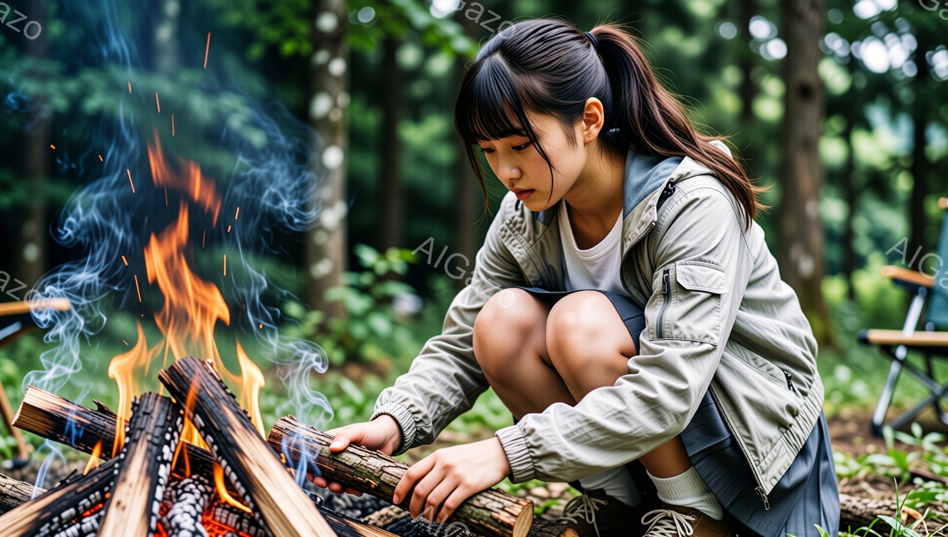 若い女性が焚き火の前に膝をついて、薪を火に投げ入れようとしている。彼女は白いTシャツに、薄い緑色のジャケット、そしてショートパンツを着用し、髪は後ろでポニーテールに結んでいる。背景は緑豊かな森林で、キャンプ用品が見え、穏やかで暖かい雰囲気を感じさせる。