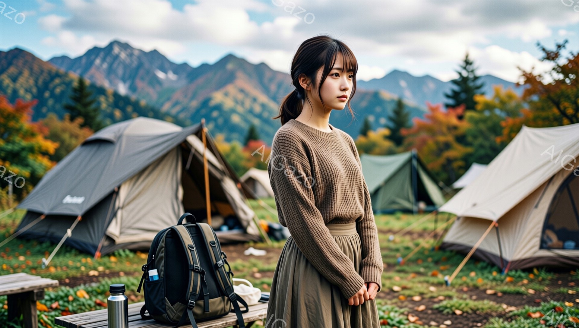 画像には、茶色のセーターとスカートを着た若い女性が写っています。彼女は少し憂いを帯びた表情で、遠くを見つめており、ポニーテールで髪を結んでいます。背景には、テントが並び、紅葉が美しい山々が広がっており、秋のキャンプ場の穏やかな雰囲気を伝えています。