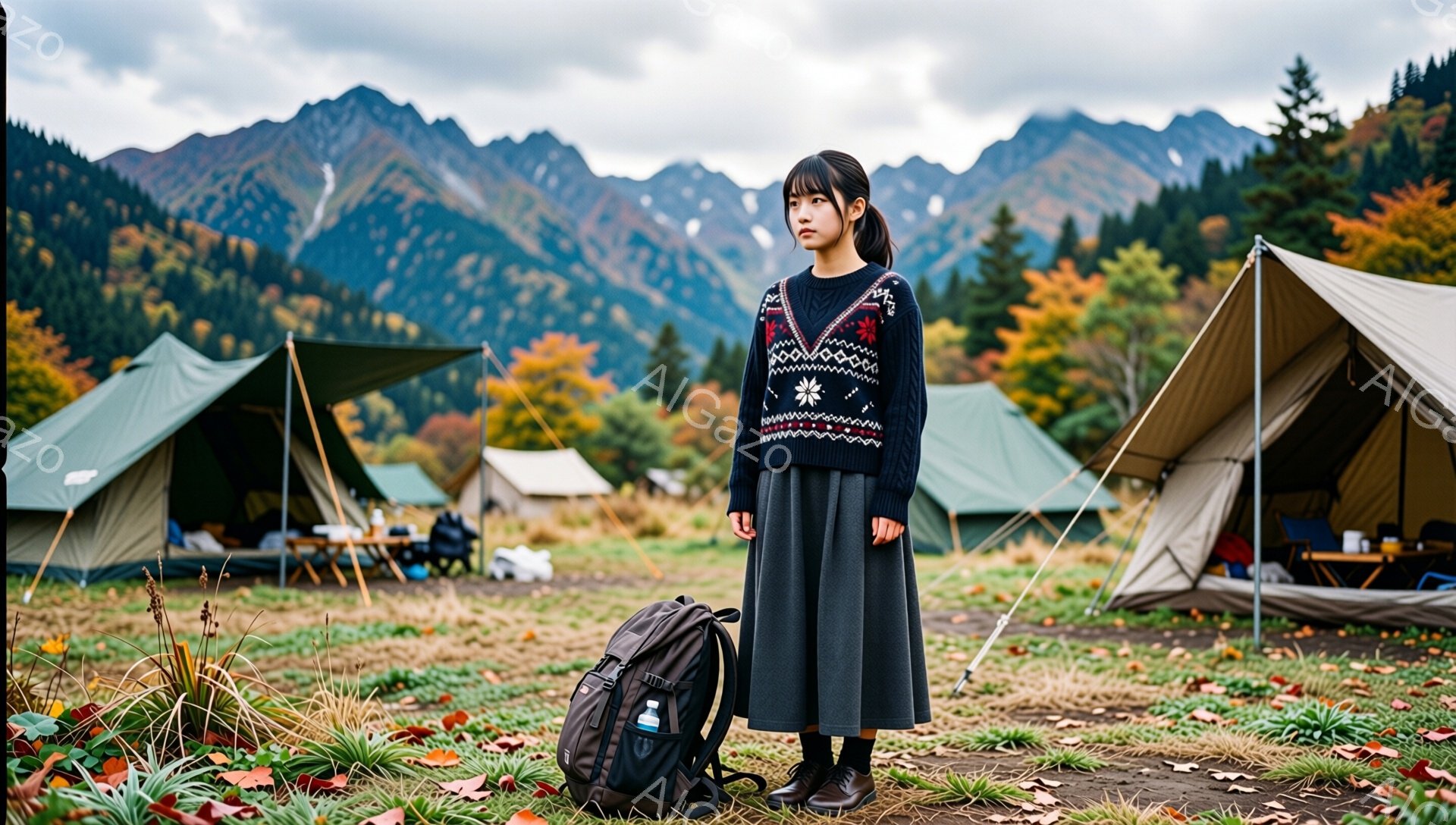 長い黒髪を耳にかける若い女性が、キャンプ場の緑のテントと山々を背景に立っている。彼女は、白い模様が編み込まれた黒のセーターと、ダークグレーのロングスカート、黒いブーツを着用し、少し憂いを帯びた表情をしている。地面にはリュックサックが置かれ、周囲には落ち葉が散らばっており、秋の澄んだ空気と紅葉の風景が感じられる。