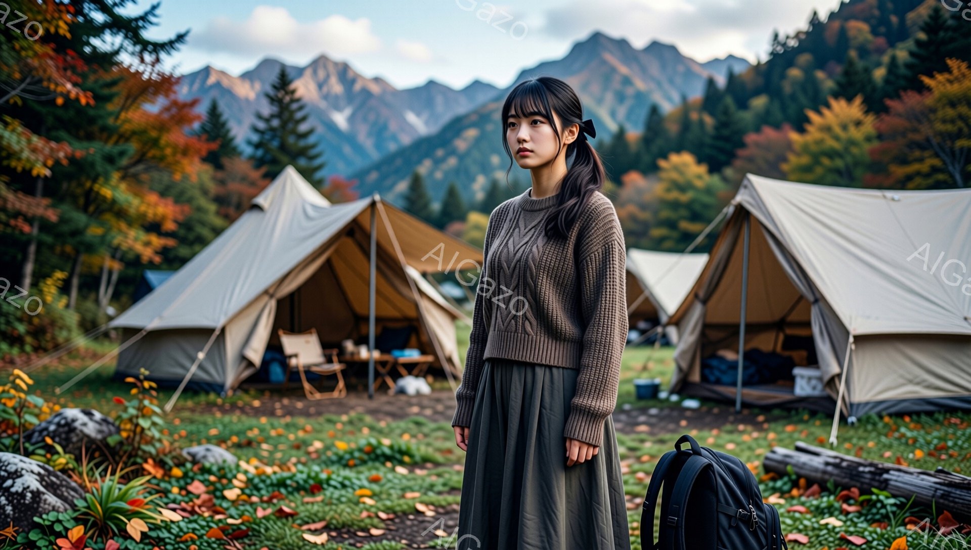 画像には、キャンプ場の前に立つ若い女性が写っています。彼女はベージュのケーブルニットセーターとオリーブグリーンのロングスカートを身に着け、ダークブラウンの髪を後ろで一つにまとめています。背景には、広大 - AI生成フリー素材