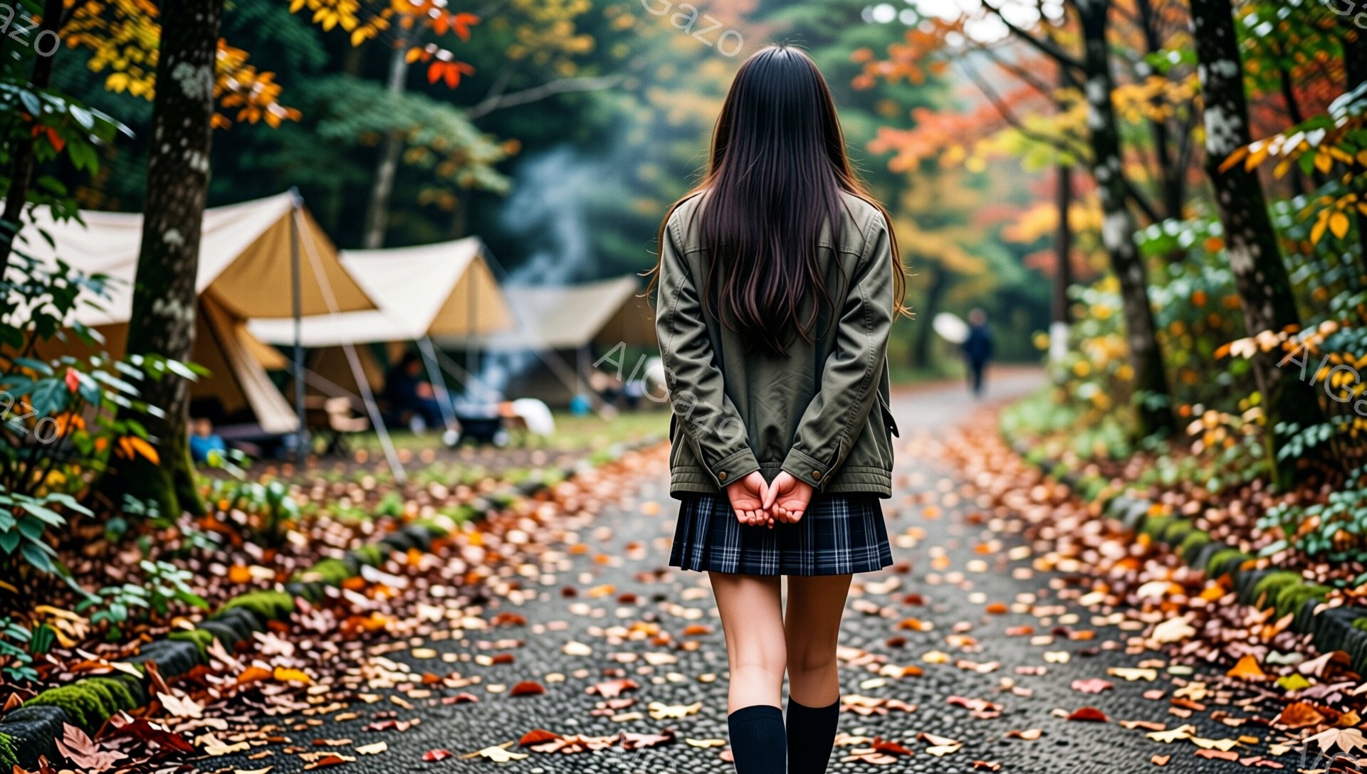 長い黒髪を背中に垂らした女性が、グレーのスカートと黒いハイソックスを履き、カーキ色のジャケットを着ています。彼女は後ろを振り返らず、両手を背中に当てて道を歩いています。背景には、落ち葉で覆われた道に沿ってテントが並び、秋の自然の中でキャンプをしている様子が伺えます。