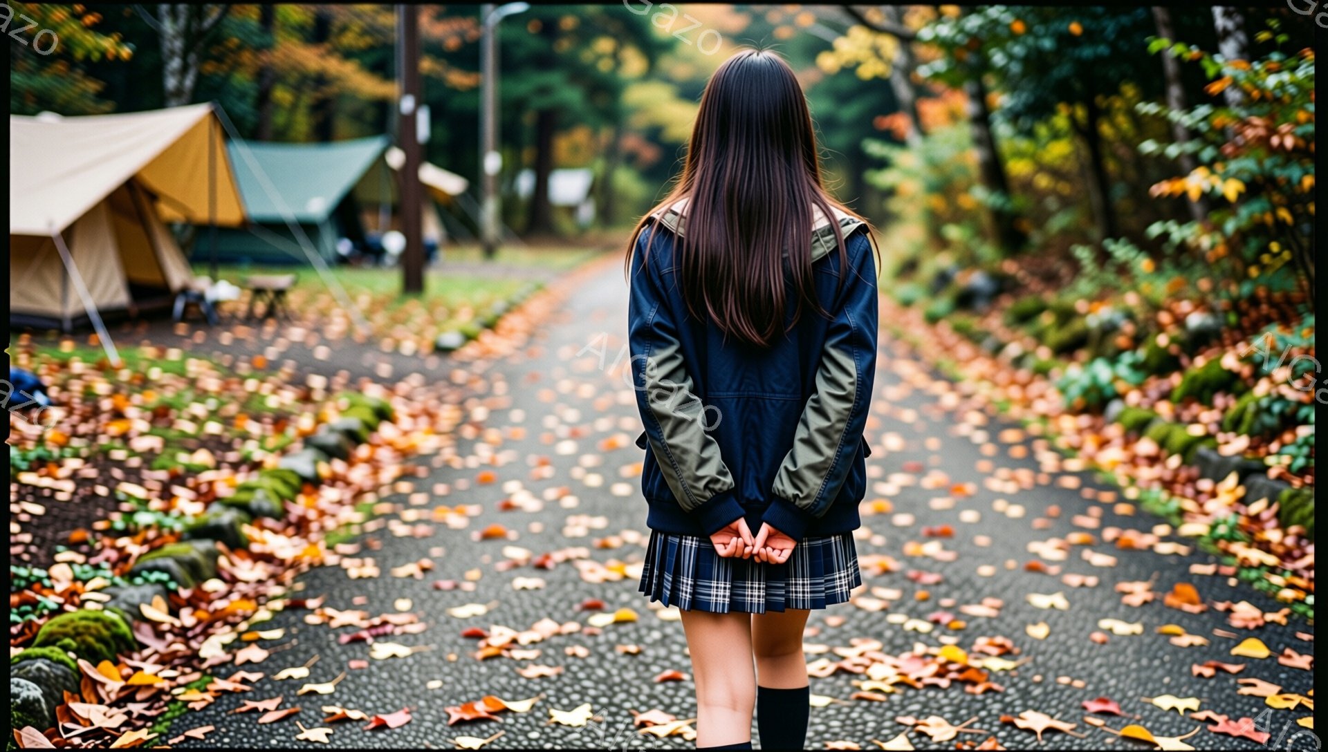 長い黒髪を後ろでまとめ、紺色のジャケットとチェック柄のスカート、黒い靴下を履いた女性が写っている。彼女は道路の中央に立ち、後ろ姿で、秋の落ち葉が敷き詰められた道を眺めている。背景にはテントや木々が見え、全体的に秋の穏やかで少し寂しげな雰囲気が漂っている。