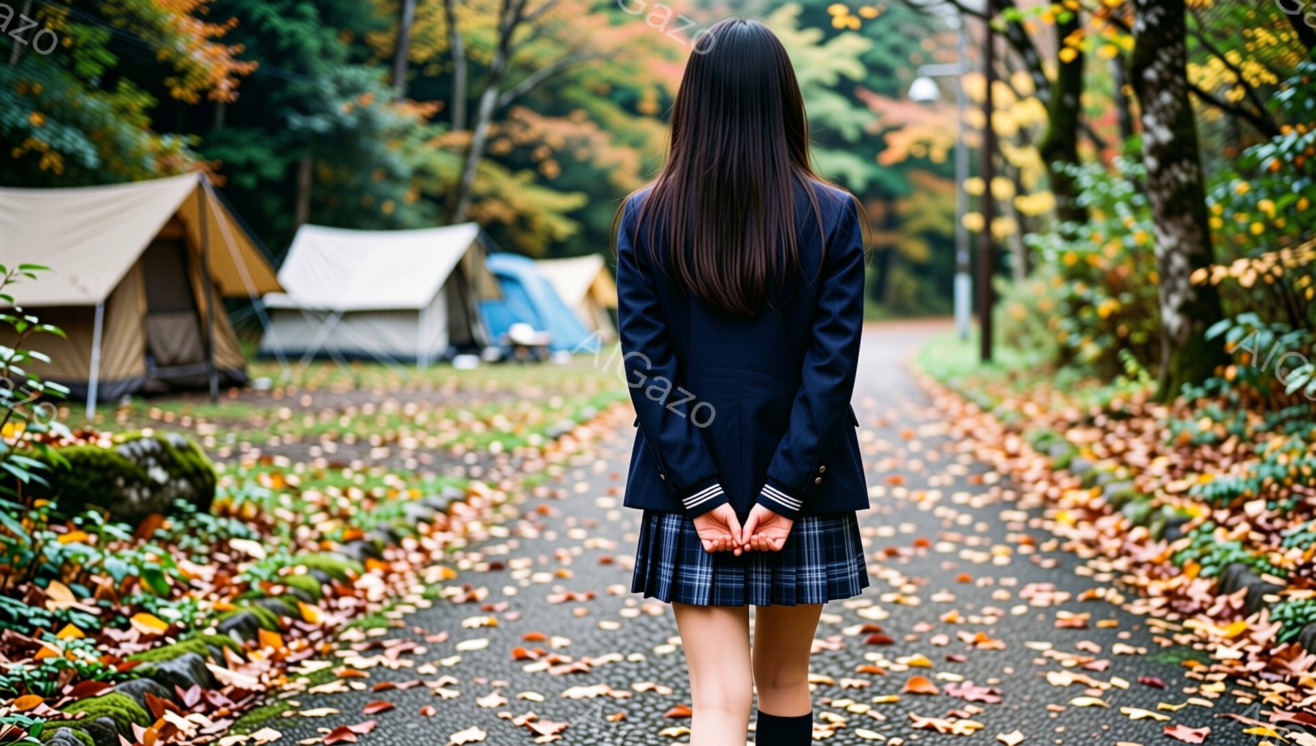 制服を着た少女が、落葉が散らばる道を背にして立っている。紺色のブレザーとチェック柄のスカート、膝丈のソックスを履いており、長い黒髪が背中に届く。背景にはテントがいくつかあり、自然豊かな場所で秋の寂しげな雰囲気が漂っている。