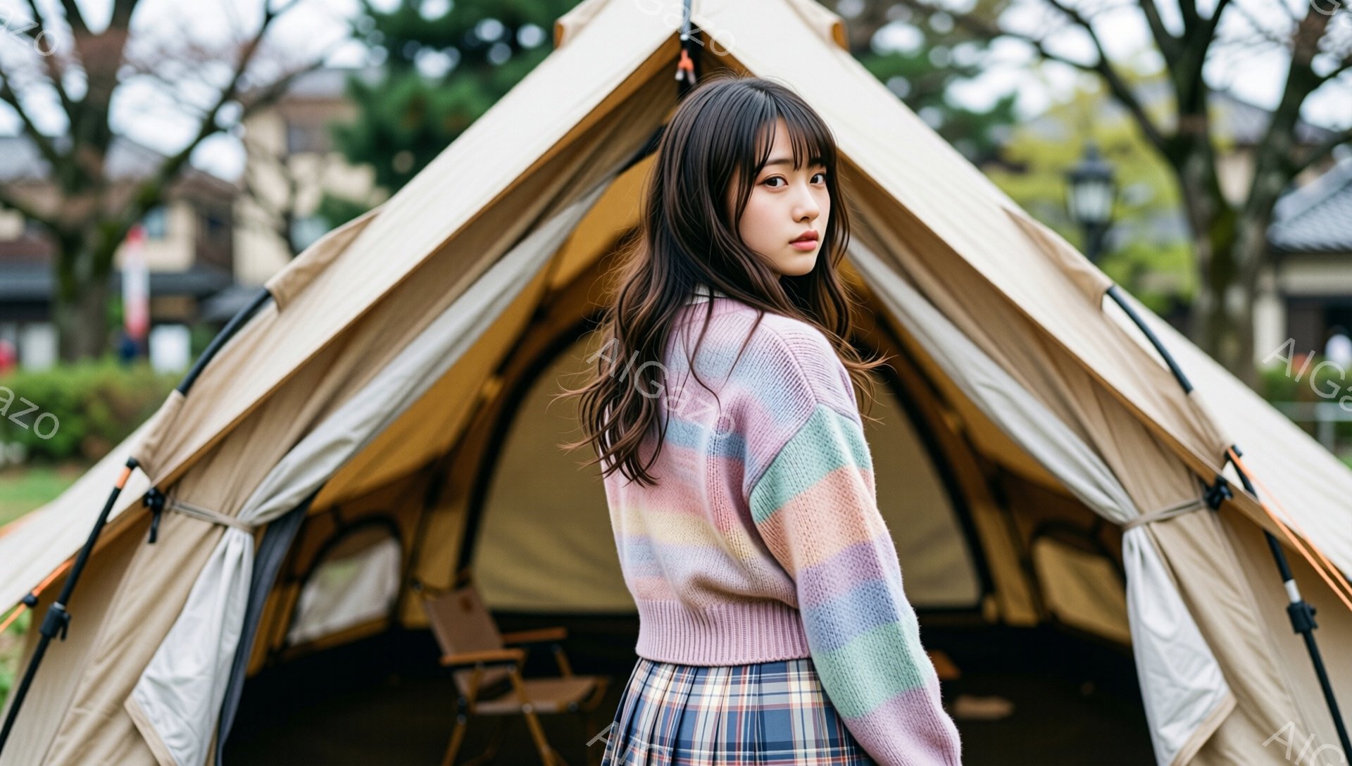 若い女性が、ベージュ色のテントの前に立っている。彼女はパステルカラーのブロック状のセーターとチェック柄のスカートを着ており、長い黒髪を肩から下ろしている。背景には木々や建物が見え、屋外で晴れた日のような穏やかな雰囲気が漂っている。