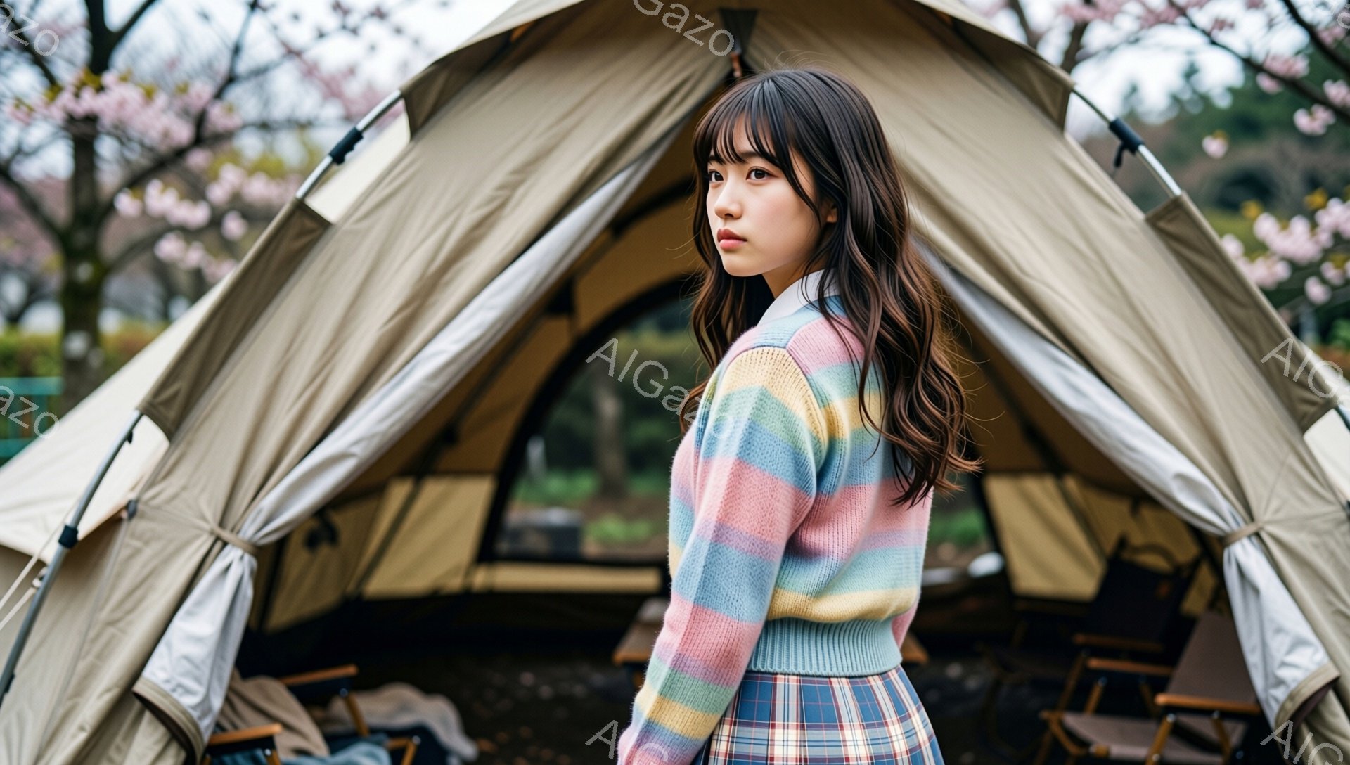 長いダークブラウンの髪を肩にかかるように下ろし、前髪は眉毛にかかるように切り揃えられた女性が写っている。淡いピンク、青、黄色が縦縞になったカーディガンと、チェック柄のスカートを身に着け、わずかに振り返ってこちらを見ている。背景にはベージュ色のテントと、ぼやけた桜の木々が見え、春の穏やかなキャンプの雰囲気が漂っている。