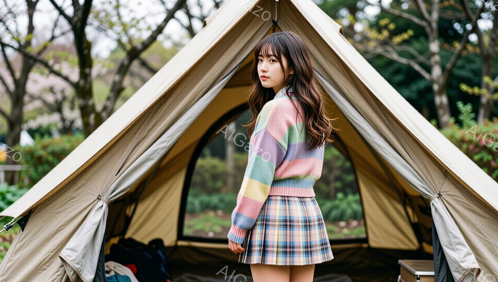 若い女性がベージュ色のテントの前で立っている。彼女はカラフルなストライプのセーターとチェック柄のスカートを身につけ、肩までの長さの茶髪を少し巻いている。背景には緑豊かな木々とぼやけた花が写り、穏やかで自然な雰囲気が漂っている。