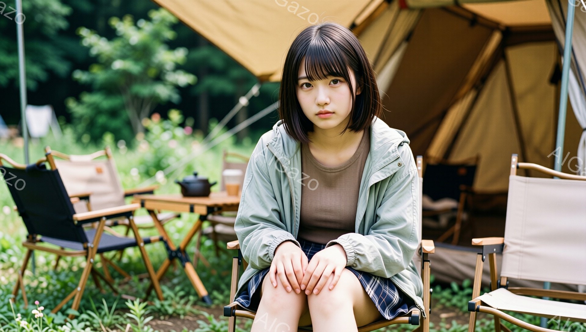 ショートヘアの女性がキャンプ場の椅子に座っており、少し憂いを含んだ表情をしています。彼女は薄緑色のジャケット、ベージュのタンクトップ、そして紫色のプリーツスカートを着用しています。背景にはテントとキャンプ用のテーブルと椅子が見え、緑豊かな自然の中に位置しています。