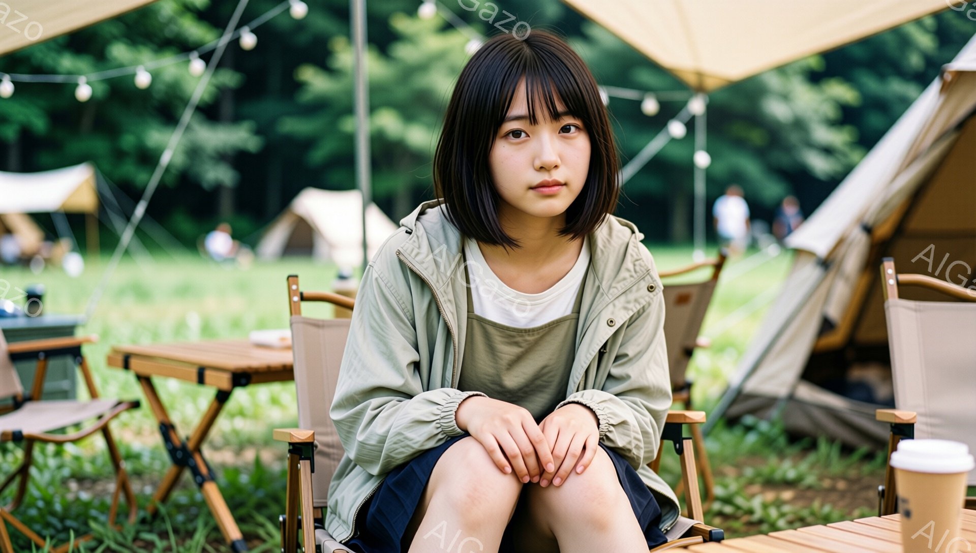 若い女性がキャンプ場の椅子に座っています。彼女は白いTシャツに薄い緑色のジャケット、濃い青色のショートパンツを着ており、前髪を下ろしたショートヘアです。彼女は少し憂いを含んだ表情で、膝を抱えて座っており、背景にはテントと木々が見え、穏やかな屋外の雰囲気が漂っています。