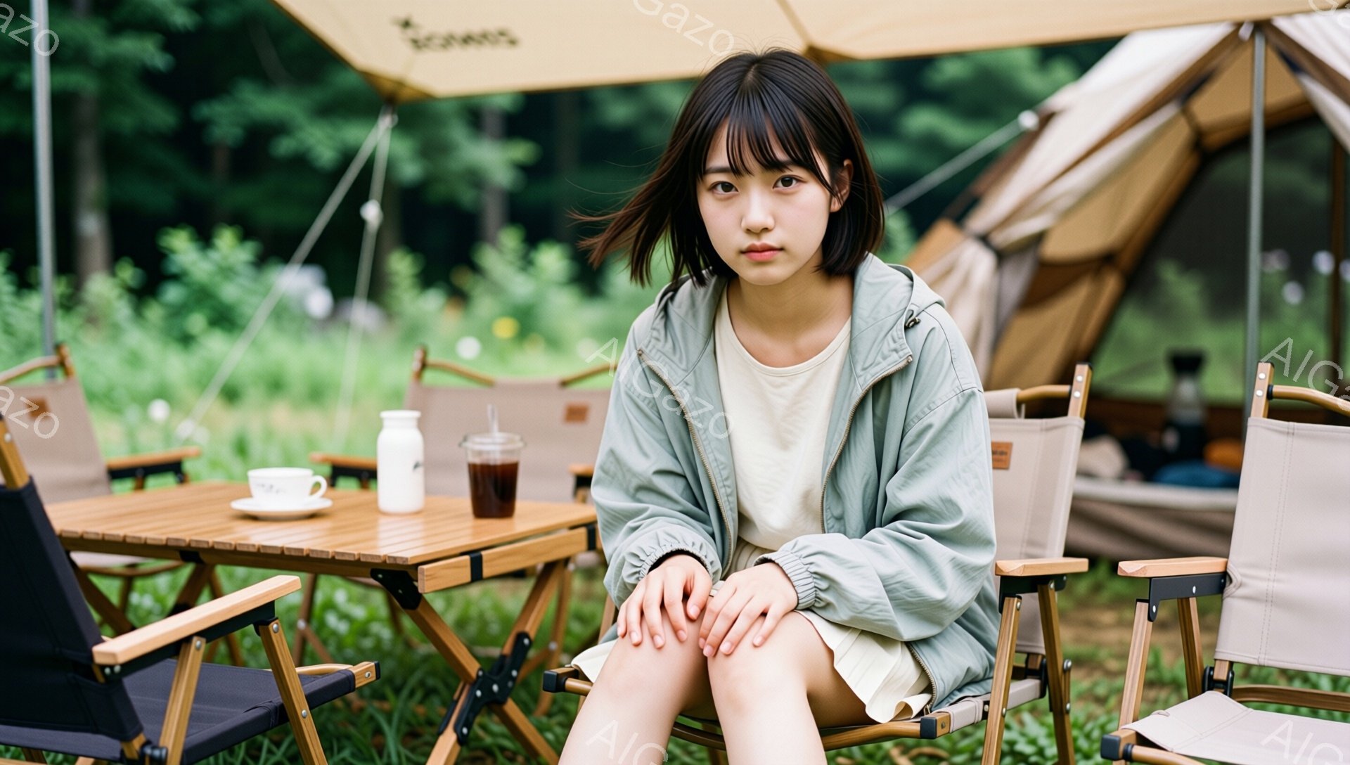 若い女性がキャンプ場の椅子に座っており、膝を曲げてリラックスした姿勢をとっています。彼女は白いTシャツに水色のジャケットを羽織り、前髪のある黒髪が印象的です。背景には、緑豊かな草地、テーブル、椅子、そしてキャンプテントが見え、晴れた日の穏やかな雰囲気が漂っています。