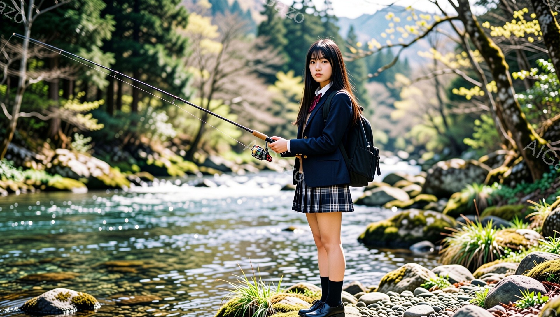 若い女性は、チェック柄のスカートと紺色のブレザー、そして赤いネクタイを着用した制服姿で、釣り竿を手にしている。彼女は少し微笑んでおり、黒髪を長く伸ばし、背中にはリュックサックを背負っている。背景には、岩や緑豊かな植物に囲まれた小川が流れ、晴れた日の穏やかな自然の雰囲気が漂っている。