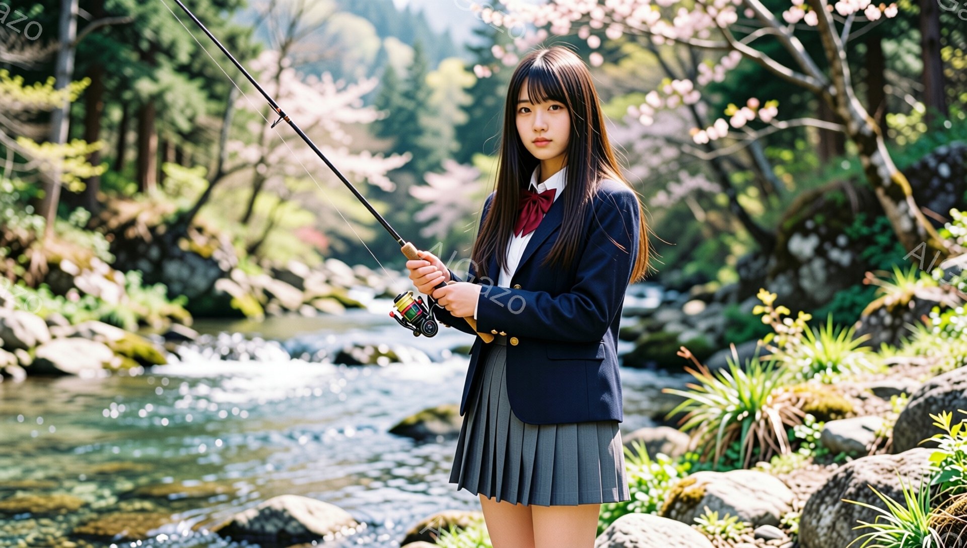 紺色のブレザーにプリーツスカート、白いシャツと赤いリボンを着用した若い女性が、川辺で釣り竿を持っています。彼女は長い黒髪で、少し微笑んだ表情をしています。背景には、水が流れる岩場と、桜の木が咲き誇る春の風景が広がっています。