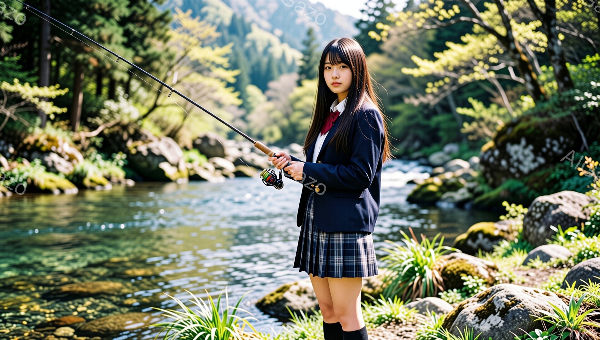 制服姿の少女が釣り竿を持って立っている。彼女は紺色のブレザーにチェックのスカート、黒いニーハイソックスを履き、赤いリボンが特徴的な姿をしている。背景には緑豊かな自然が広がり、川の流れと木々の緑が、穏やかで爽やかな雰囲気を醸し出している。