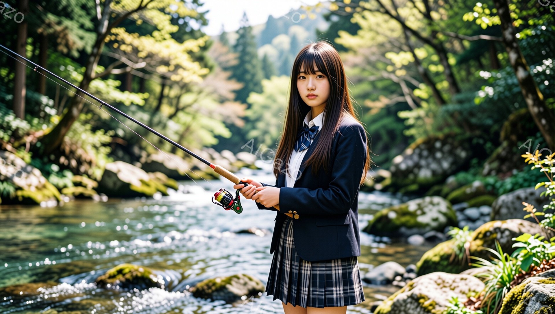若い女性が釣り竿を持って川辺に立っている。紺色のブレザーとチェック柄のスカート、白いシャツとネクタイという制服のような服装をしており、長い黒髪はストレートで顔にかからないように整えられている。背景は緑豊かな木々や岩場があり、水面は太陽の光を反射してキラキラと輝き、穏やかで自然な雰囲気が漂っている。