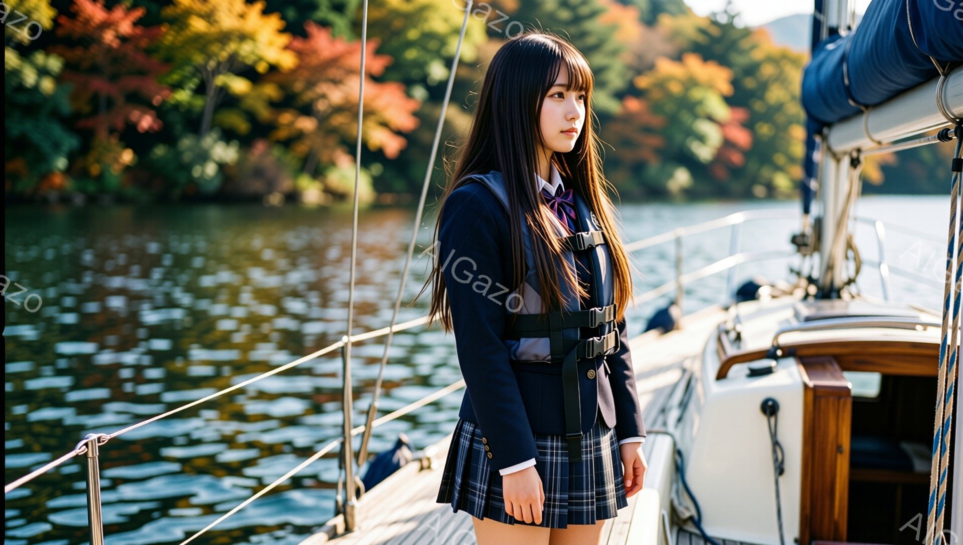 長い黒髪をサイドに流した女子高生が、ボートの上で海を眺めている。紺色のブレザーとチェックのスカート、そして安全ベストを着用しており、少し憂いを帯びた表情で遠くを見つめている。背景には、秋の紅葉が美しい山々と、穏やかな水面が広がっており、全体的に物静かでノスタルジックな雰囲気が漂っている。
