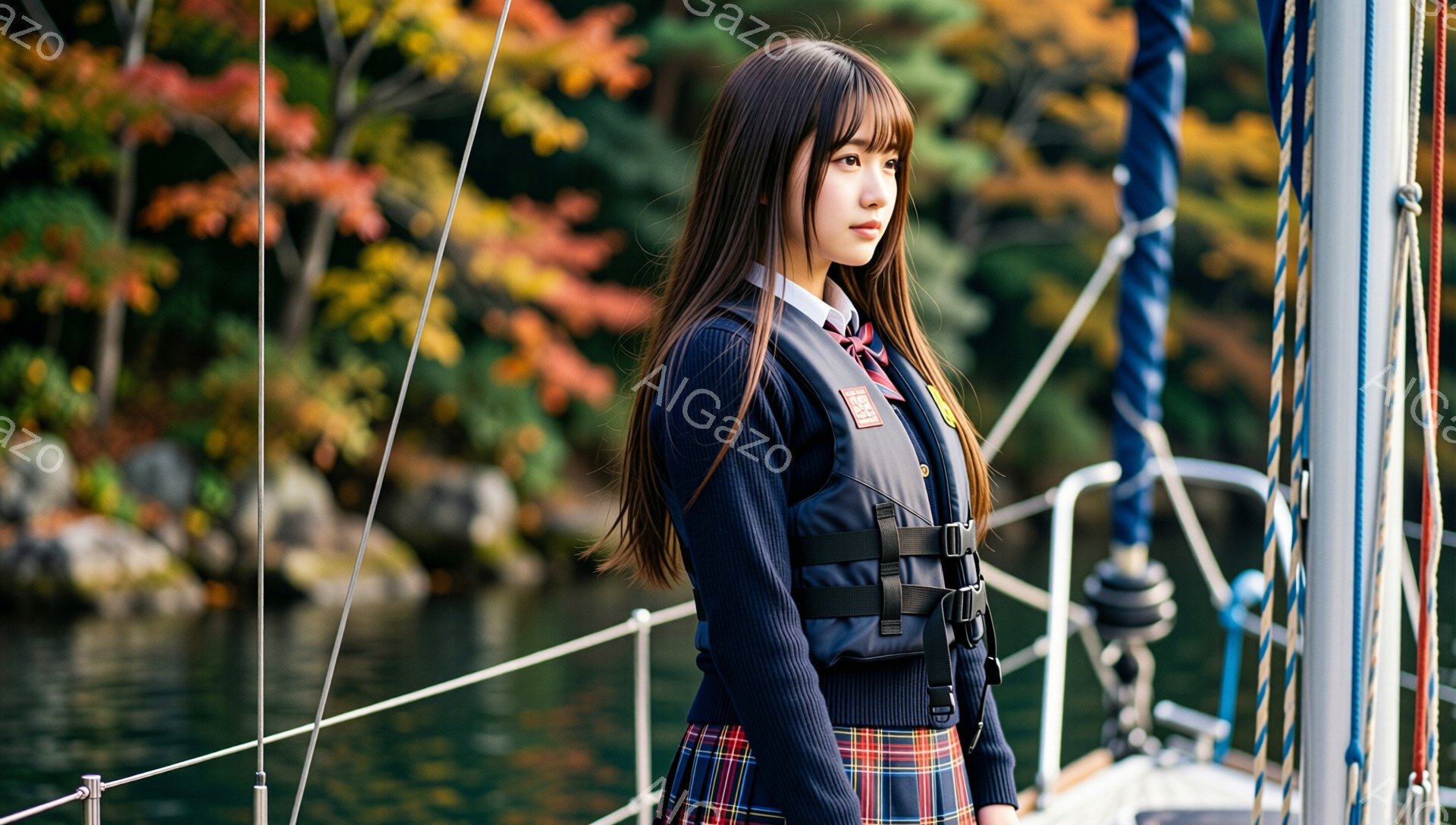 画像には、紺色のセーラー調のベストとチェックのプリーツスカートを着用した若い女性が写っています。彼女は長い黒髪で、少し憂いを帯びた表情で横を向いています。背景には緑豊かな木々や水面が見え、秋の穏やかな雰囲気を感じさせます。