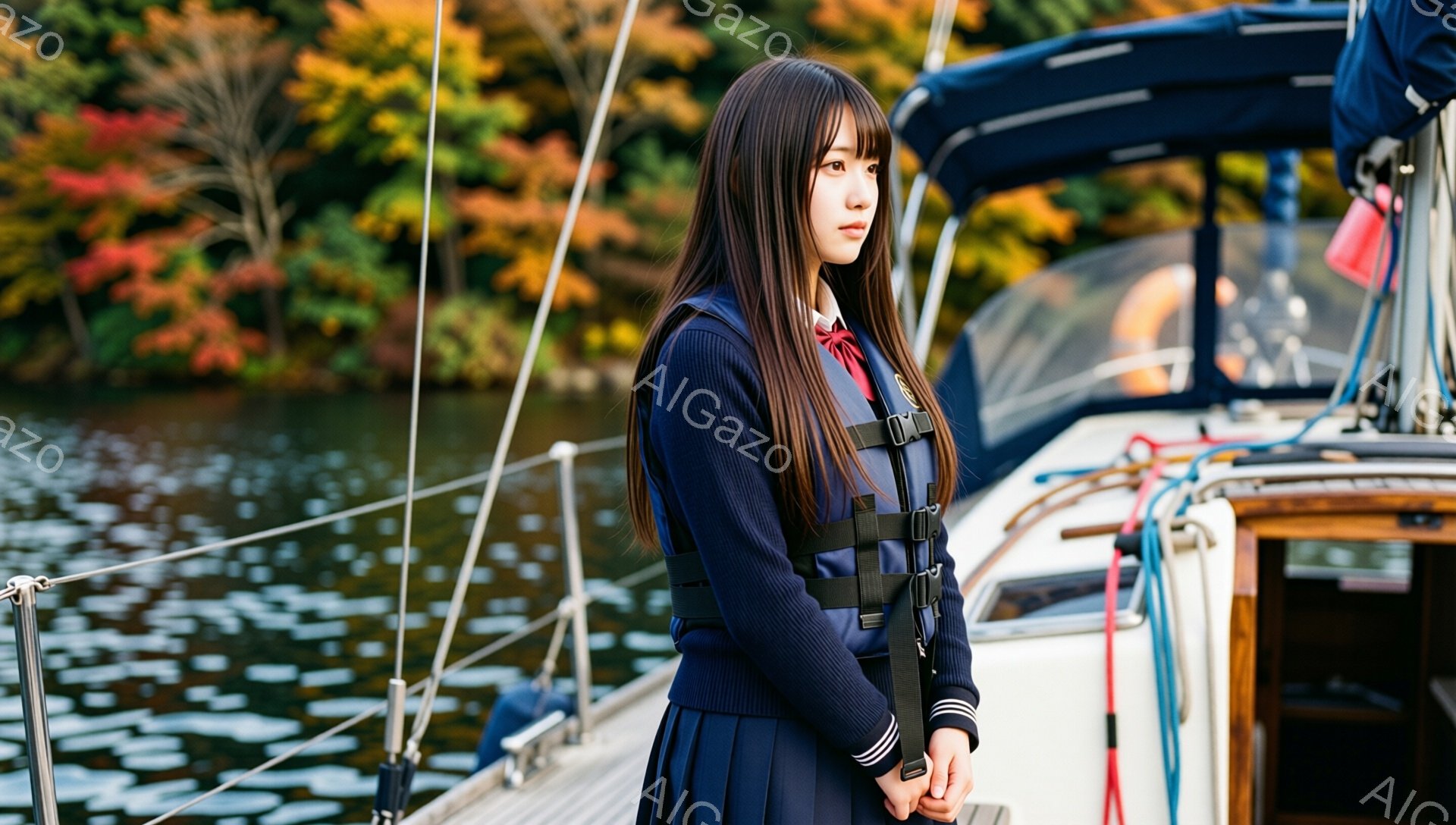 少女は紺色のセーラー服とライフジャケットを着て、ボートのデッキに立っています。彼女は長い黒髪で、少し憂いを帯びた表情をしています。背景には色とりどりの秋の木々と穏やかな水面が広がり、穏やかで物憂げな雰囲気が漂っています。