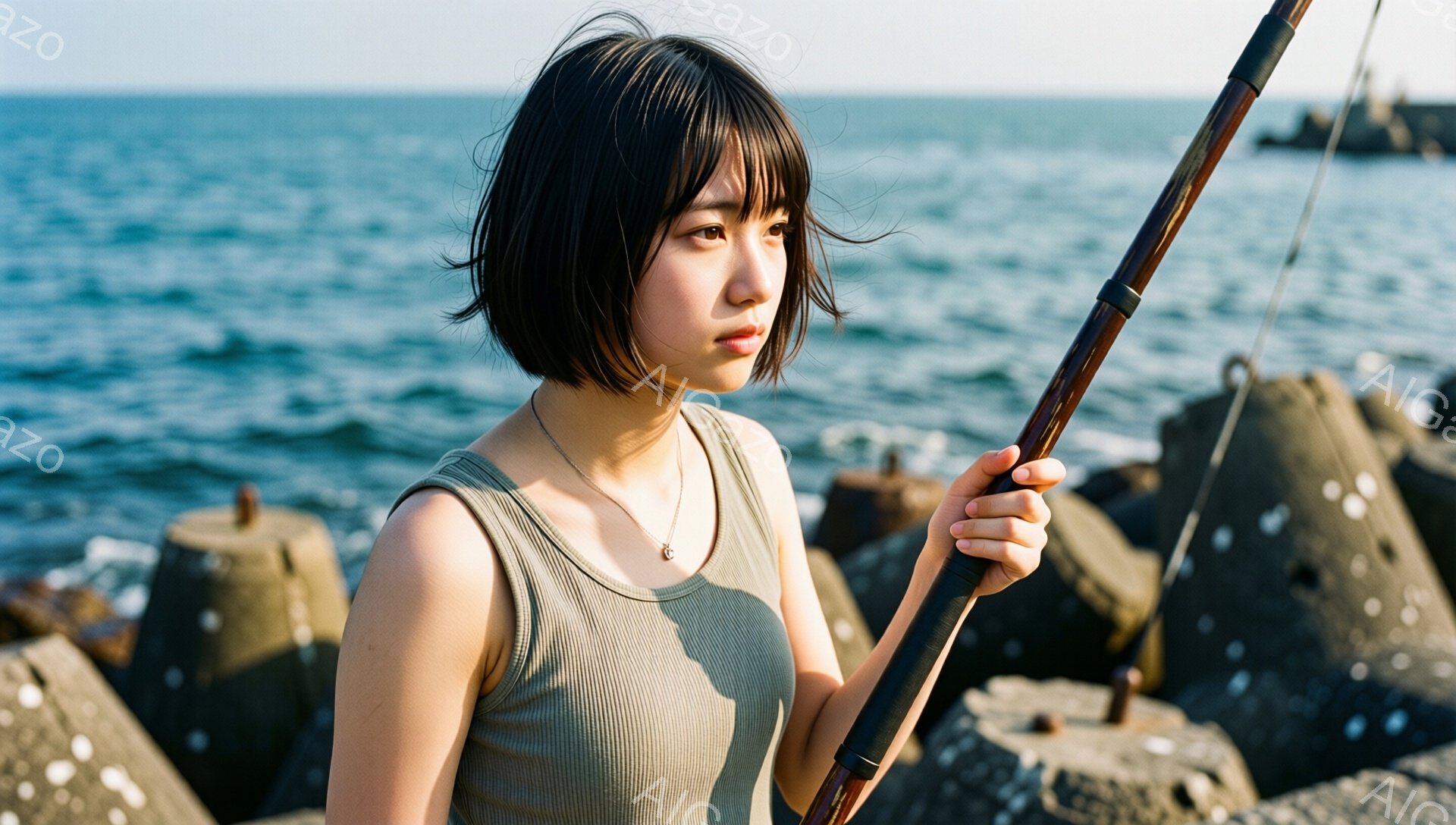 短い黒髪の女性が、波止場で釣り竿を持っています。彼女はオリーブ色のタンクトップを着ており、首には細いネックレスが光っています。表情はどこか憂いを帯びており、視線は遠くの海を見つめています。