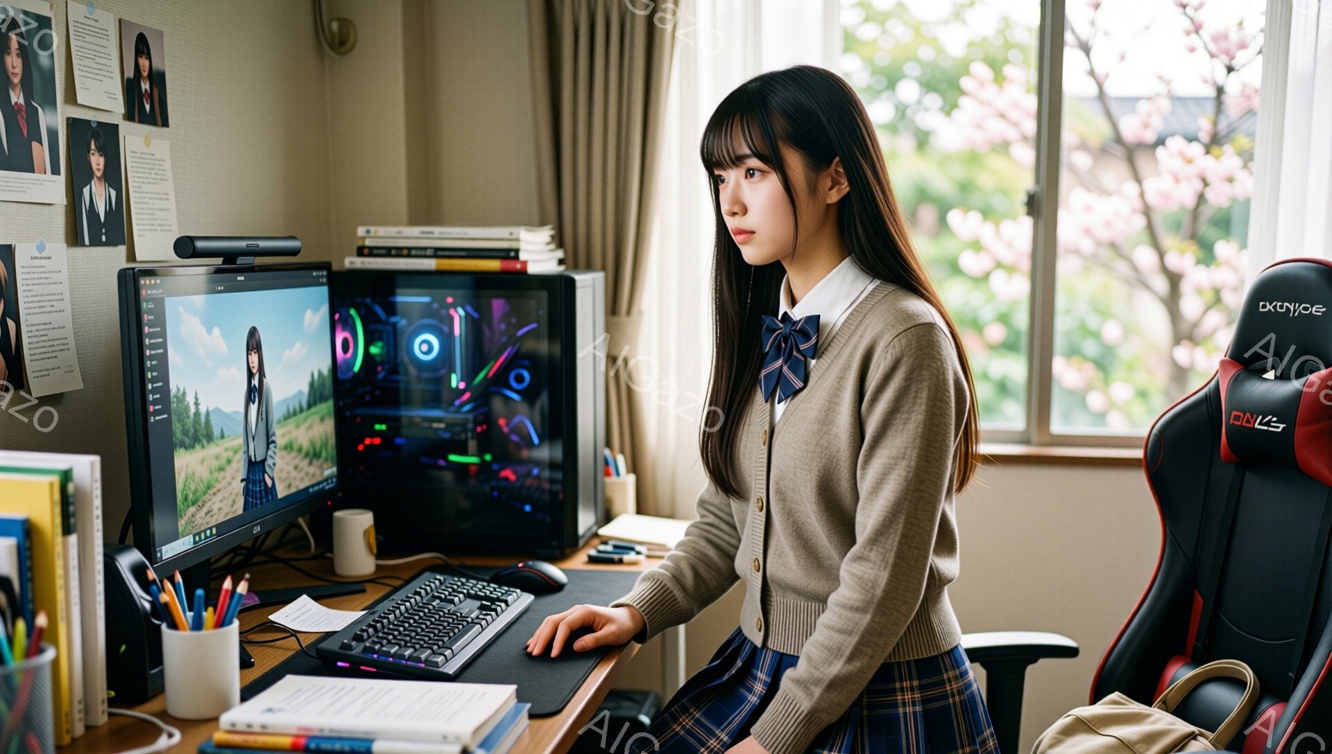 少女は制服姿でパソコンに向かっています。茶色のカーディガンを羽織り、青いリボンを付けた彼女は、真剣な表情でキーボードとマウスを操作しています。背景には、本棚やペン立てが置かれた部屋が写っており、窓からは桜の木が見えます。