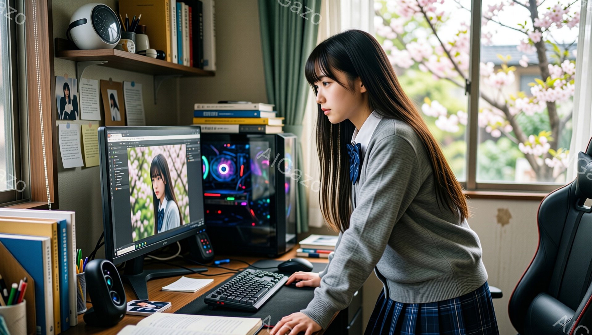 明るい部屋で、女子高生がコンピューターに向かっています。グレーのセーターとチェック柄のスカートを着ており、長い黒髪を後ろでまとめています。彼女は画面をじっと見つめ、集中した表情をしています。