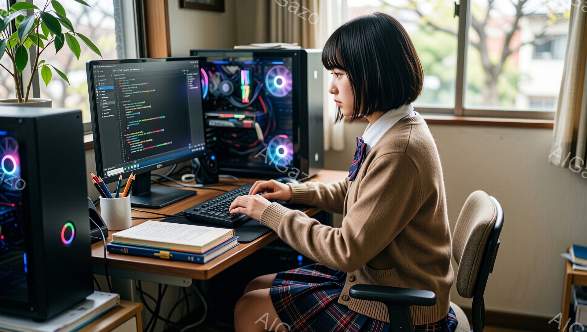 茶髪の短い髪をした若い女性が、パソコンに向かってキーボードを操作している。彼女はベージュのカーディガン、チェック柄のスカート、白いシャツを着ており、集中した表情でプログラミングをしているようだ。背景には窓から見える木々が見え、部屋にはデスク、本、ペン、そして強力なゲーミングPCが置かれており、学習や仕事に集中した雰囲気である。