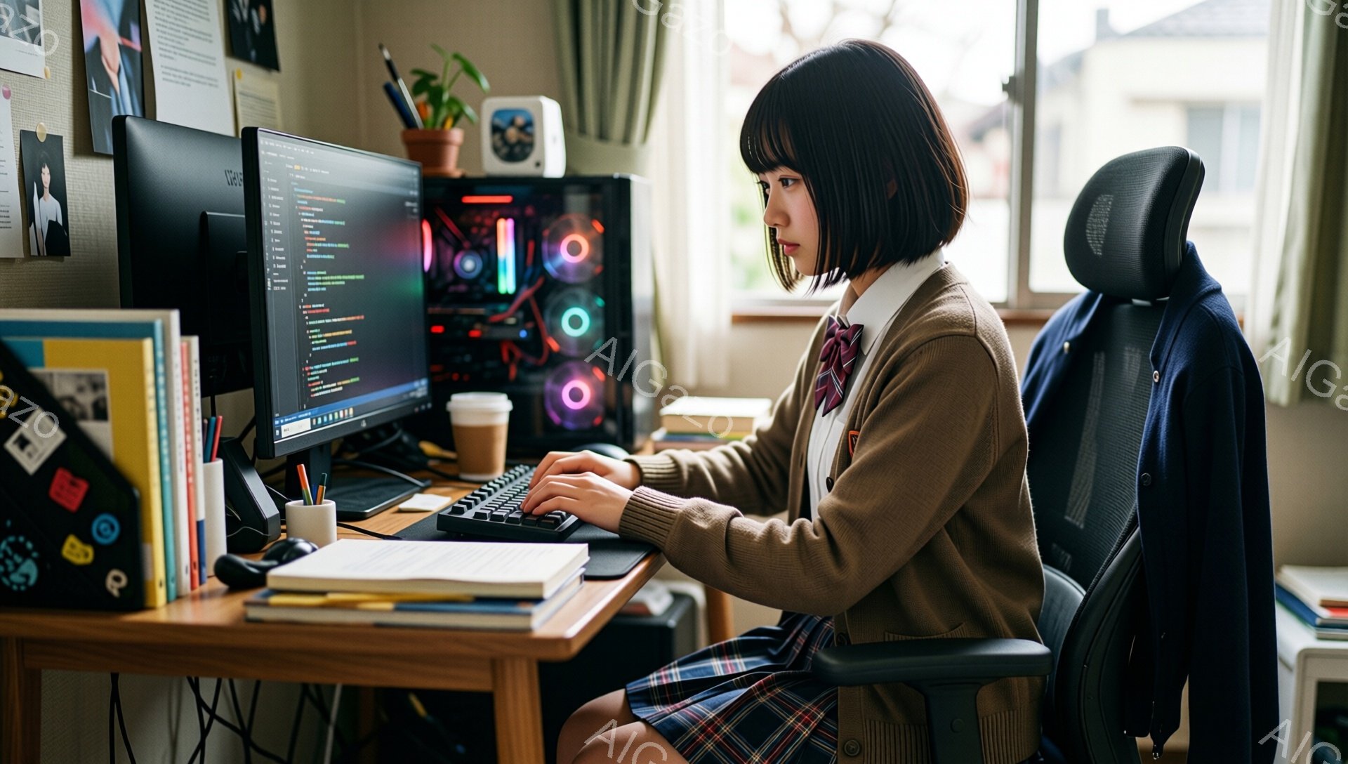 茶髪のボブヘアの若い女性が、部屋の机でコンピューターに向かってタイピングしています。彼女はセーターとチェックのスカートの制服を着ており、集中した表情で画面を見つめています。背景には、本棚や植物、そして建物の見える窓があり、室内は暖かく、学習や作業に適した雰囲気です。