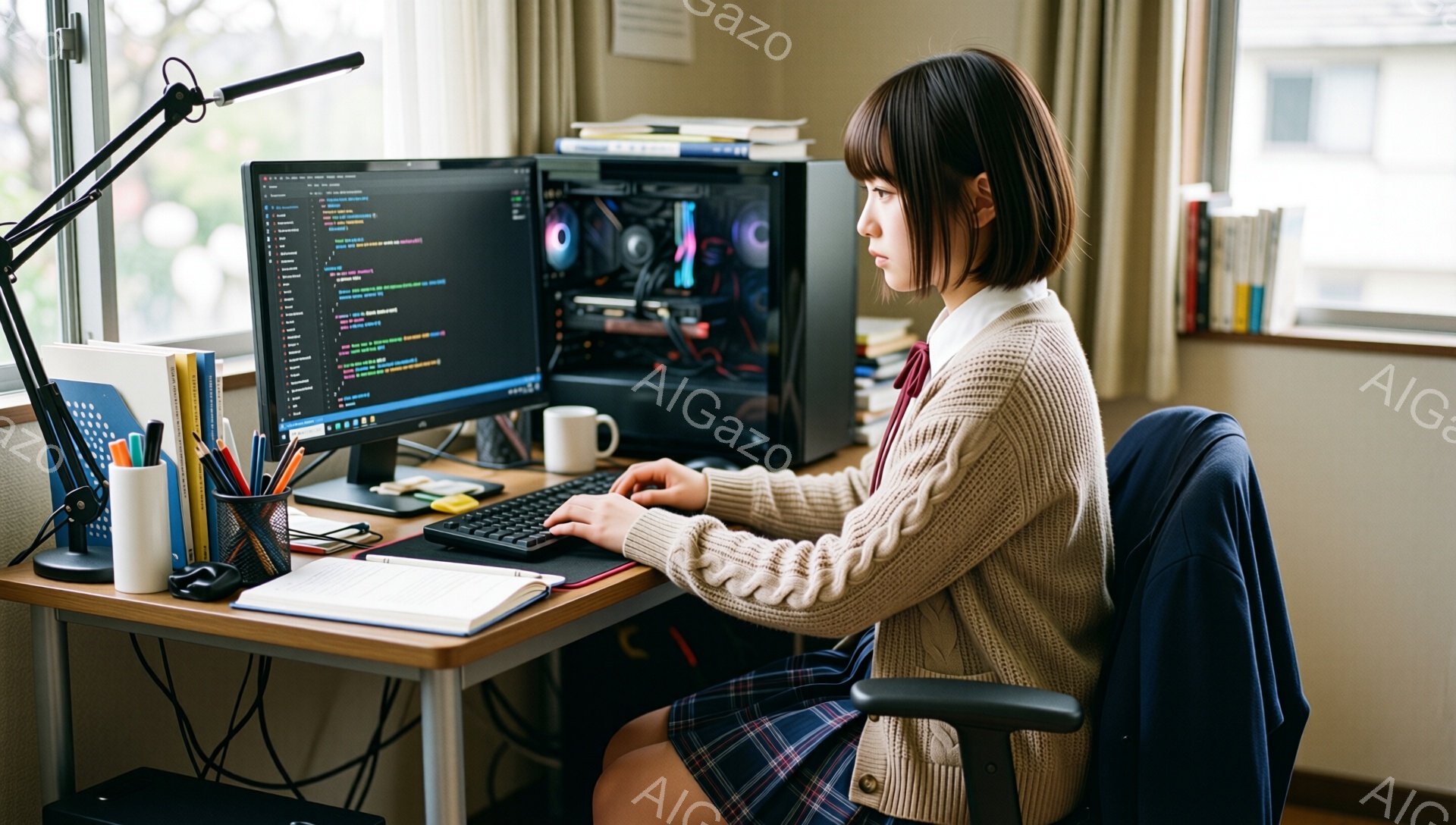 若い女性がブラウン系のカーディガンとチェック柄のスカートを着て、パソコンに向かっています。彼女は少し前かがみの姿勢でキーボードを操作しており、集中した表情をしています。背景には本棚や窓があり、自然光が入って明るい部屋で、勉強や仕事をしている様子が伺えます。