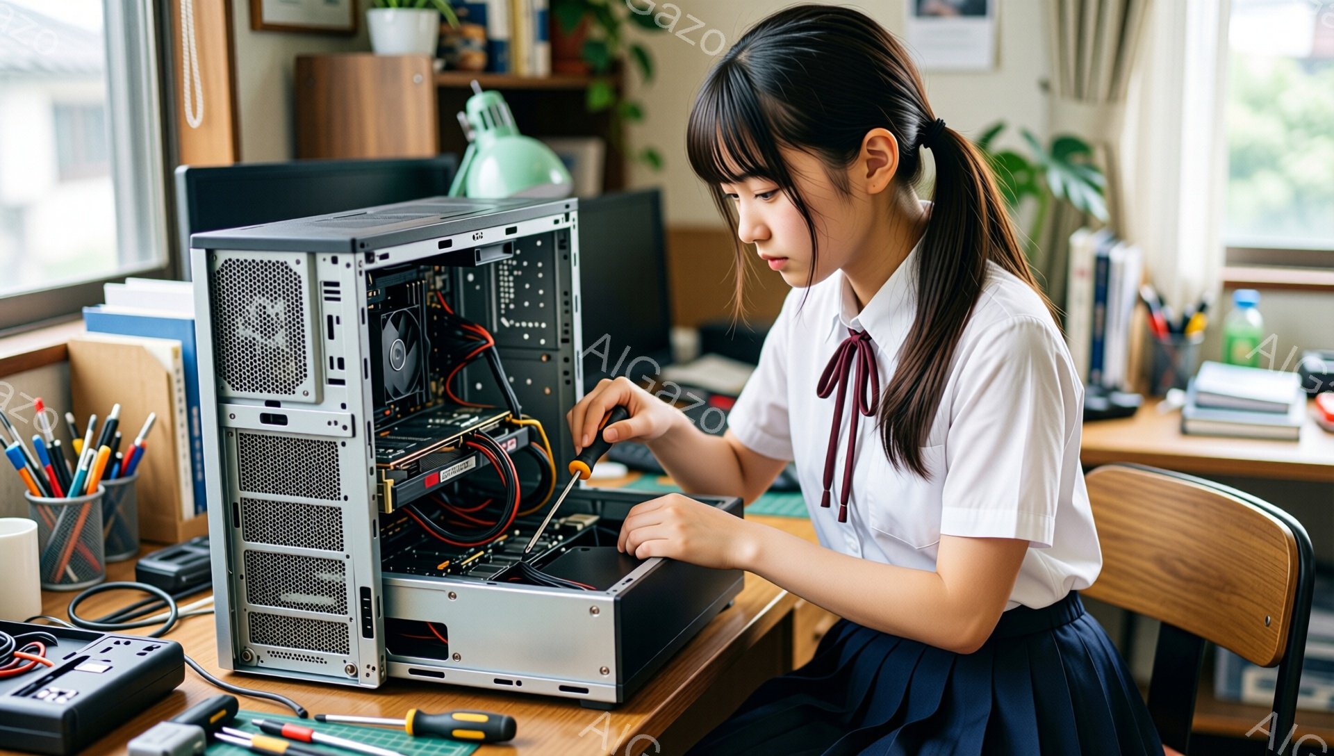 制服姿の少女が、デスクトップパソコンのケースを開け、内部の部品をドライバーで作業している。彼女は黒髪をポニーテールにし、集中した表情でパソコンを見つめている。背景には、本棚や植物、窓からの光が見え、明るく整頓された部屋で、パソコンの修理や自作を行っている様子が伺える。